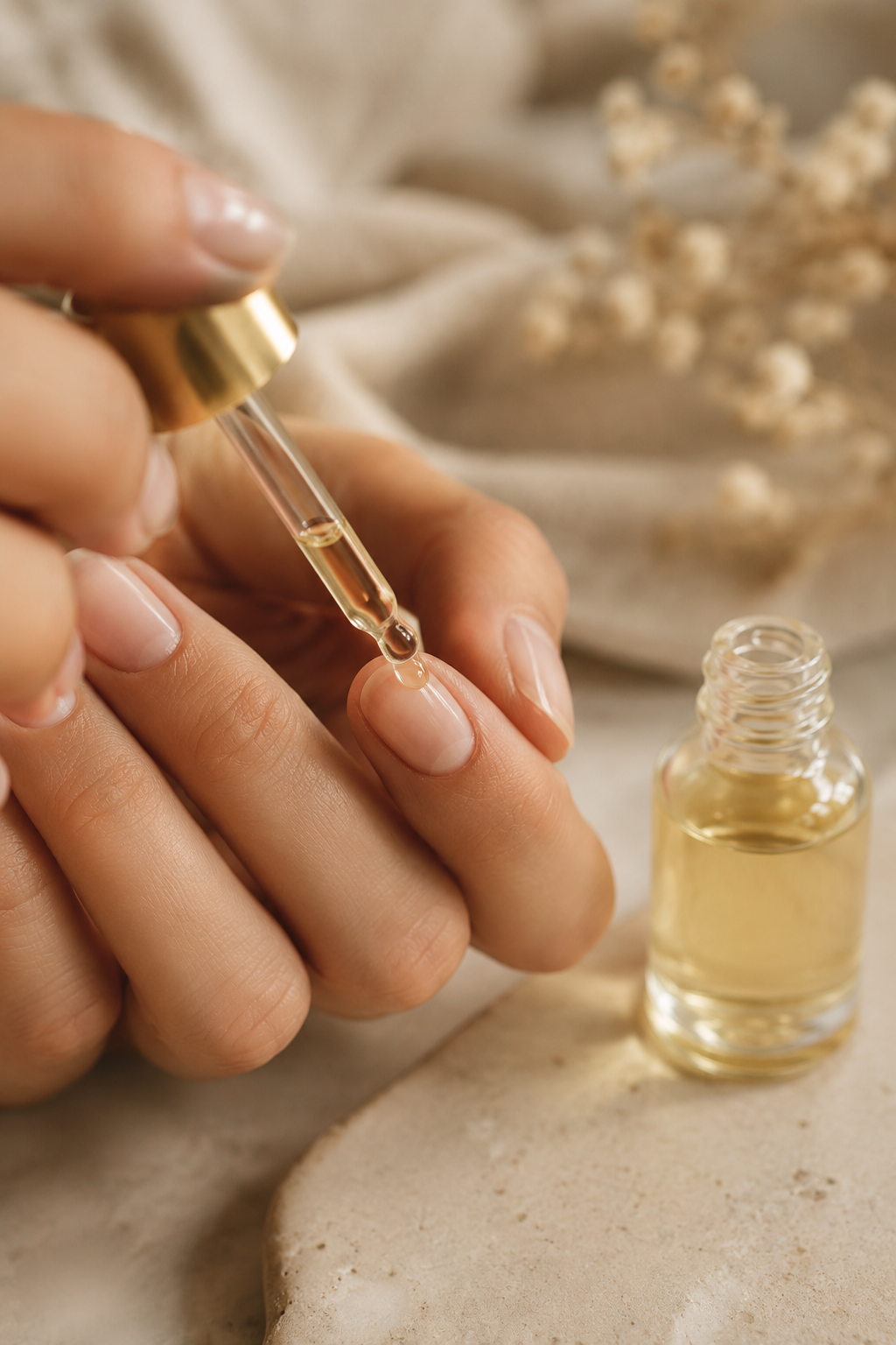 Applying cuticle oil to the nail bed as part of gentle hangnail treatment and aftercare.
