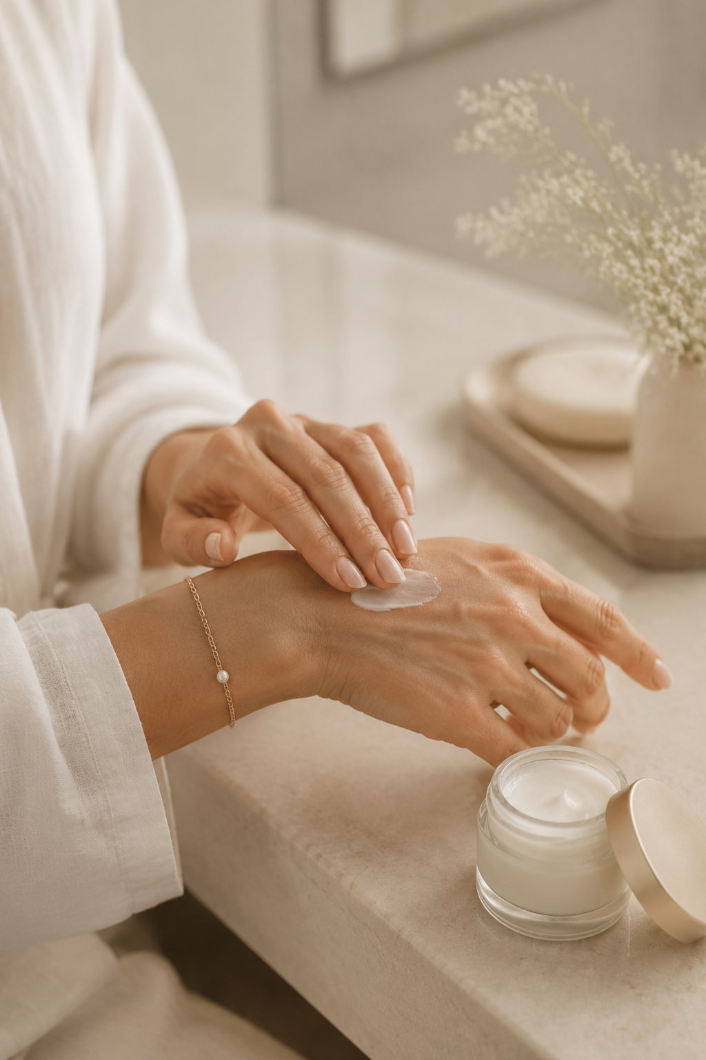 Applying hand cream as part of a bridal hand care routine three months before the wedding.
