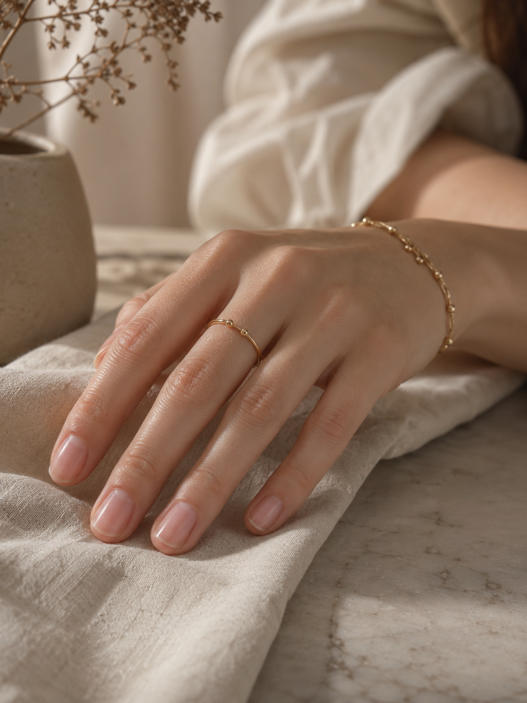 Bare, buffed nails with a soft natural shine on an elegant hand — the quiet luxury nail trend.