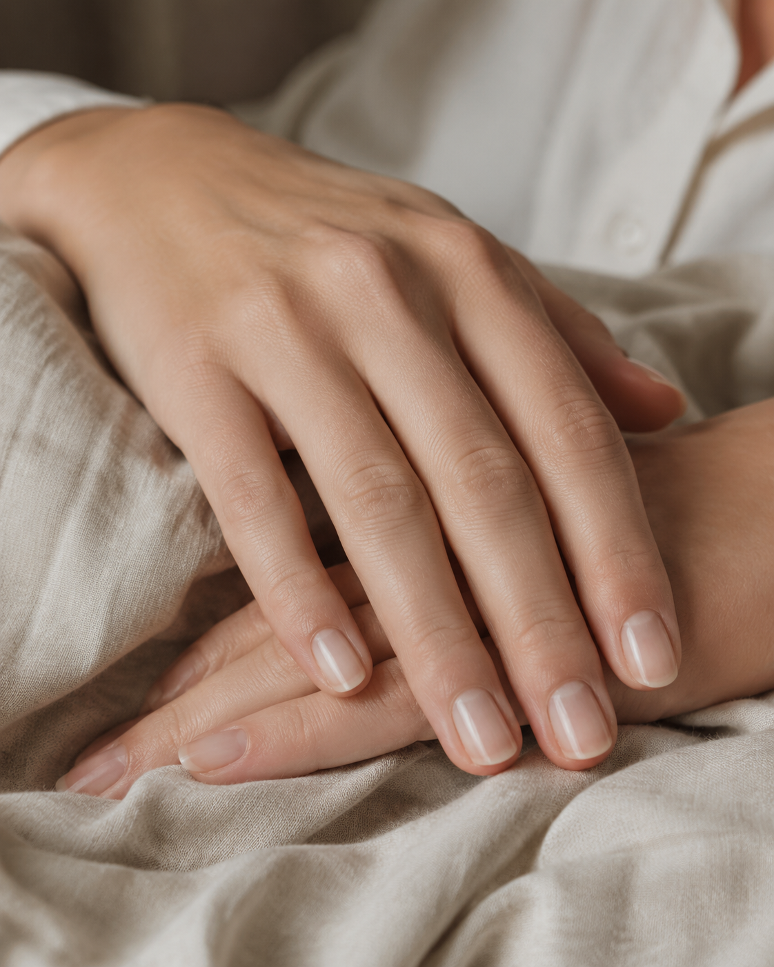 Bare, healthy natural nails resting softly during a gel manicure detox routine.