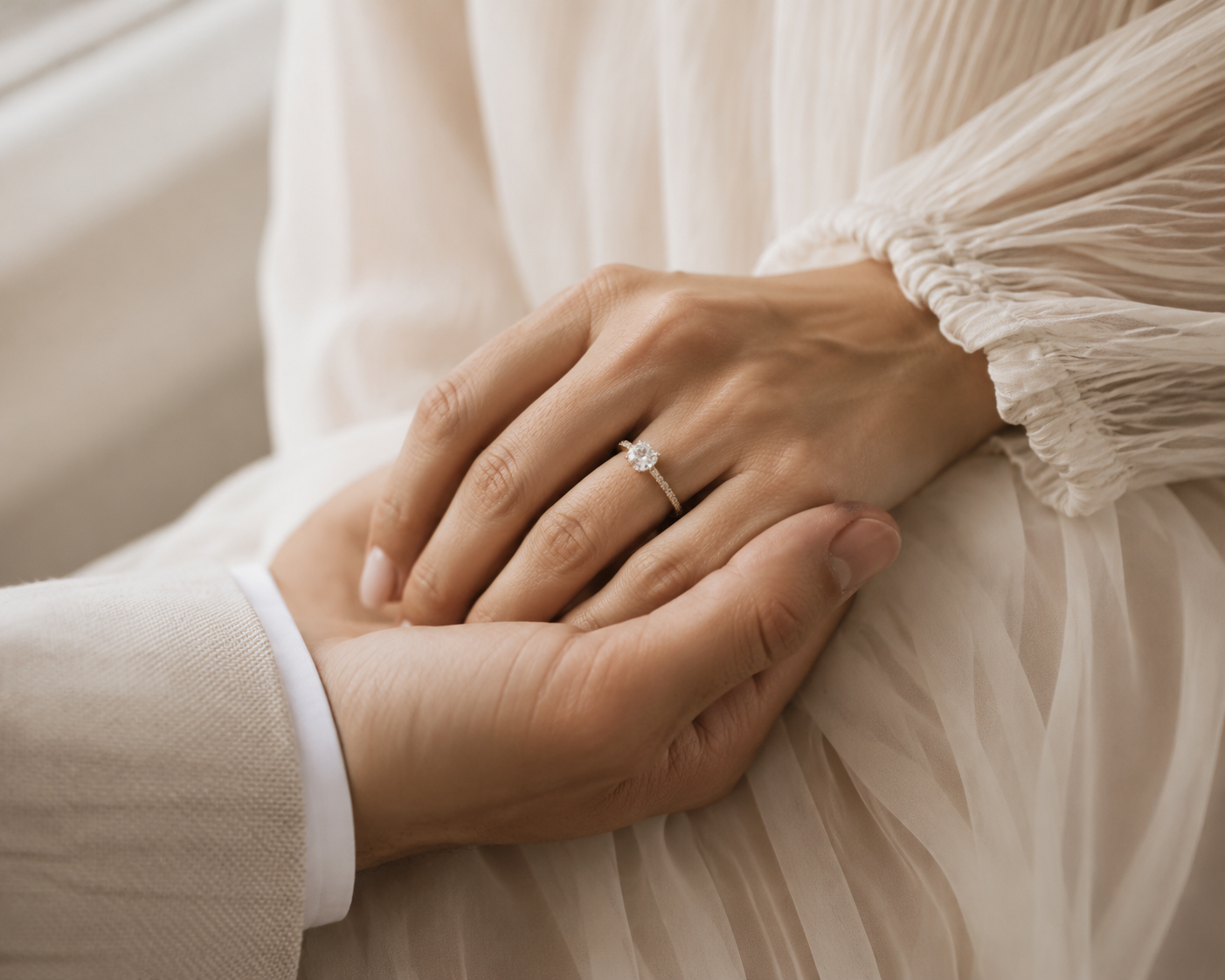 Bridal hand care timeline — soft, ring-ready hands clasped in natural light