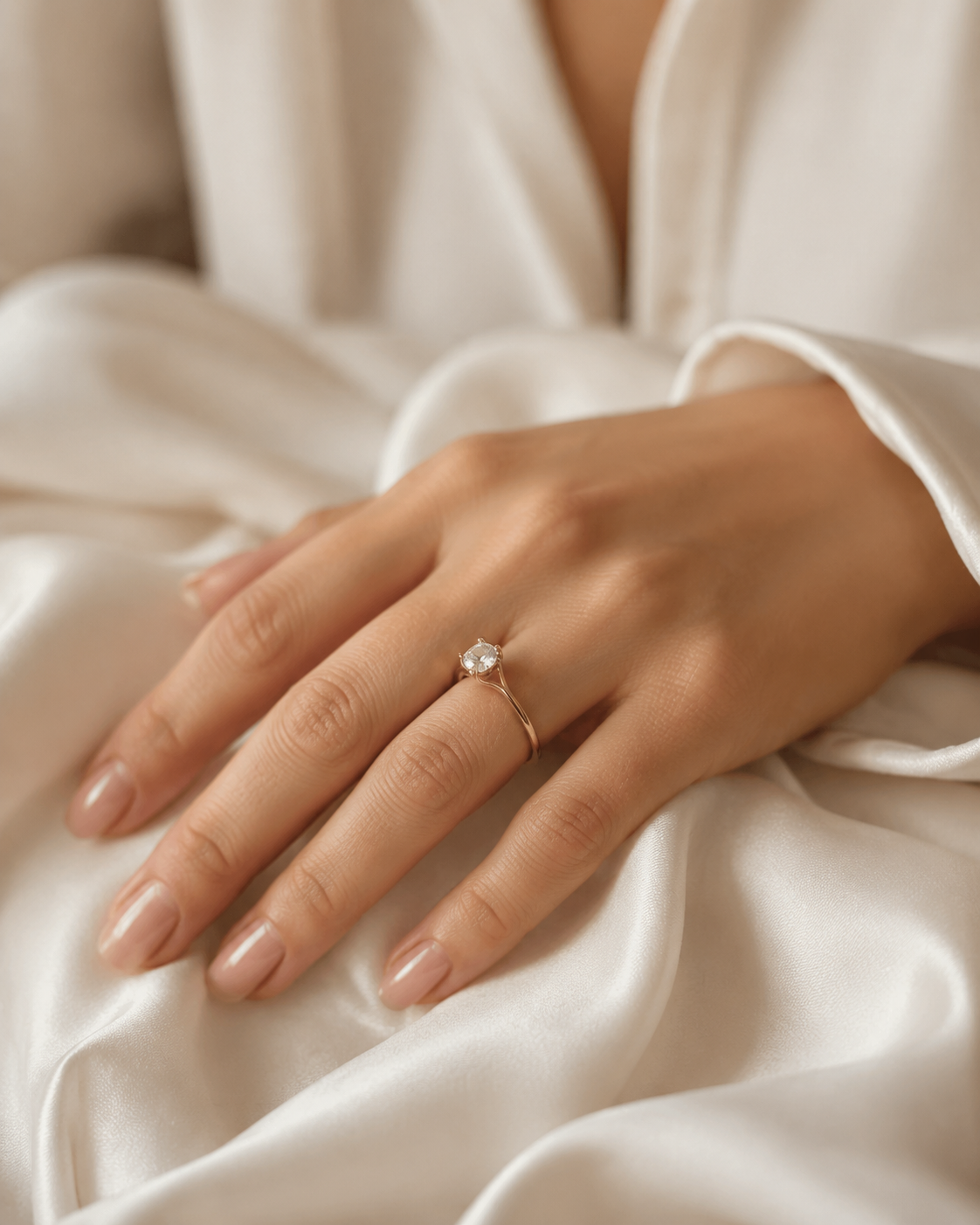 Bride's hand with a glossy nude manicure resting on silk, showing the start of a bridal nail care timeline.