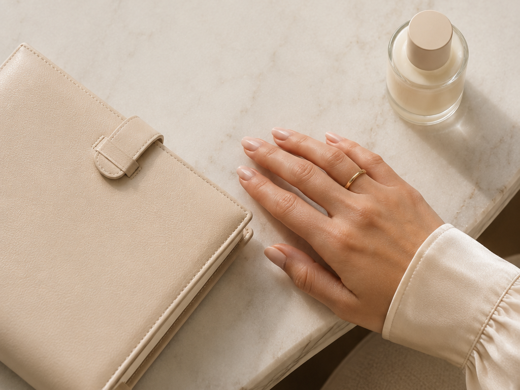 Soft glossy nude manicure with a delicate gold ring, styled for a quiet luxury office aesthetic.
