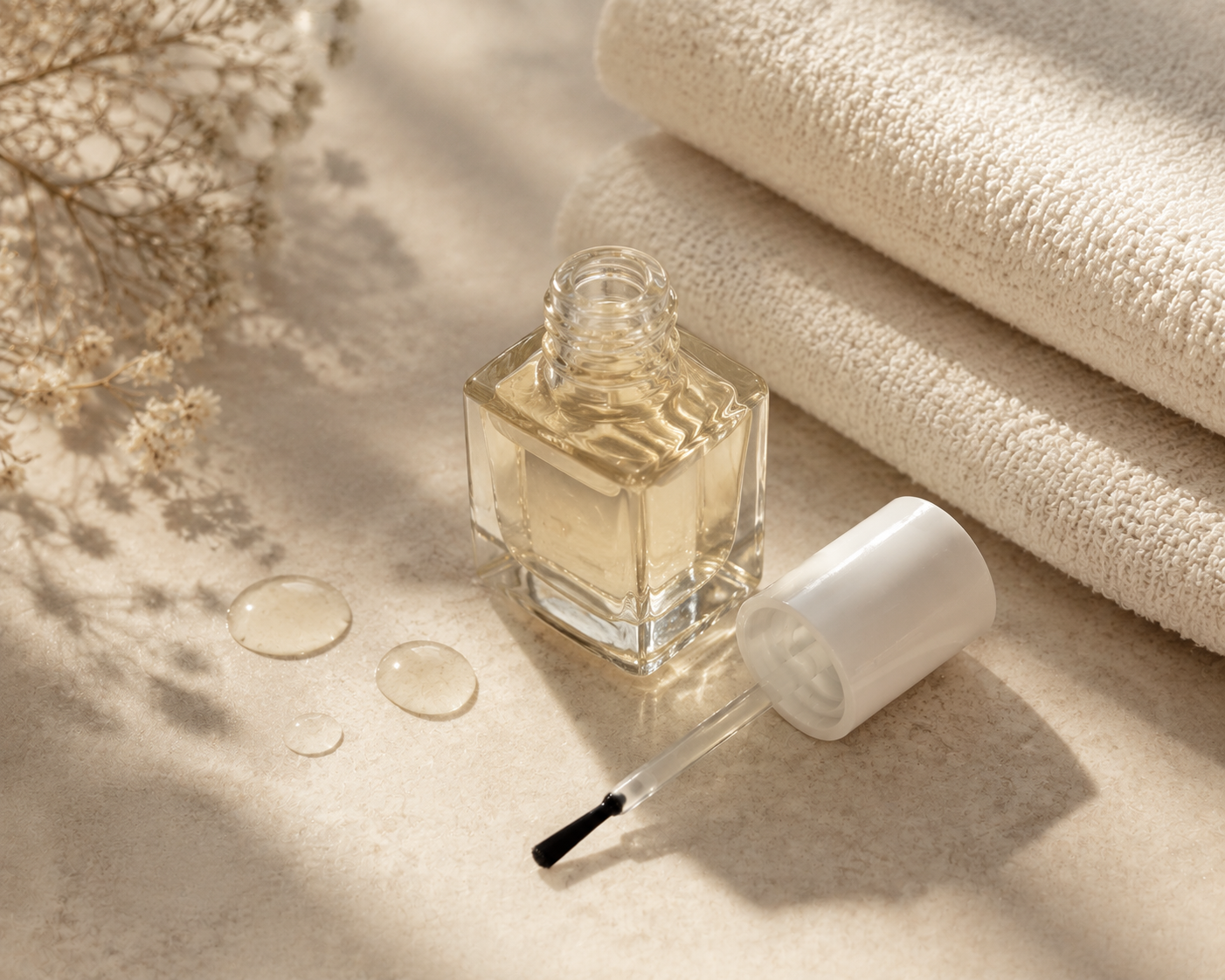 Nail strengthener bottle styled in a soft, quiet luxury flat-lay.