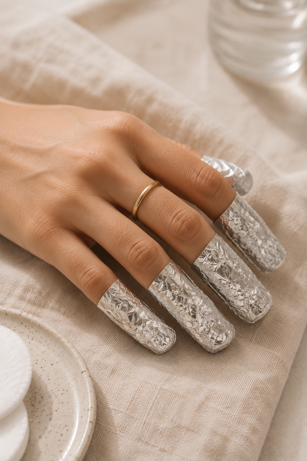 Fingertips wrapped in foil during an at-home gel nail soak-off.