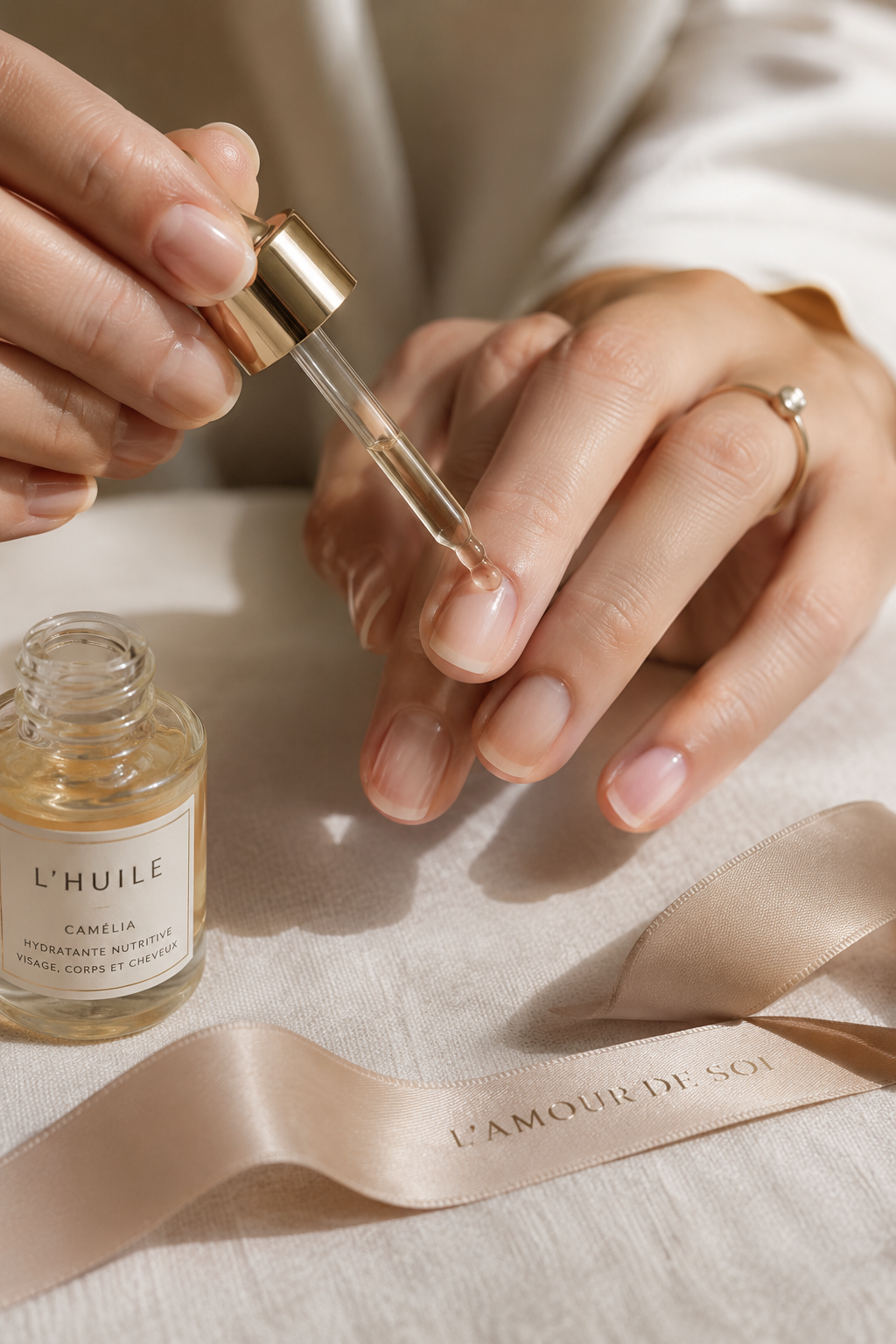 Applying nourishing cuticle oil to bare nails after gel removal.