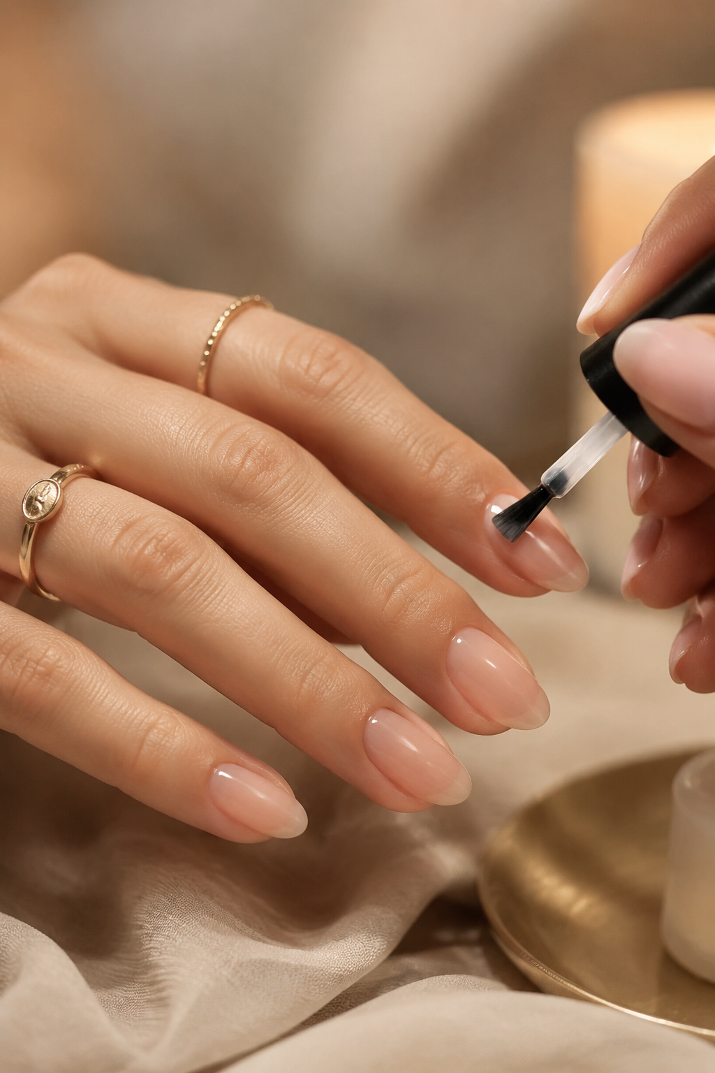 Close-up of top coat being applied for a long-lasting, salon-quality manicure at home.