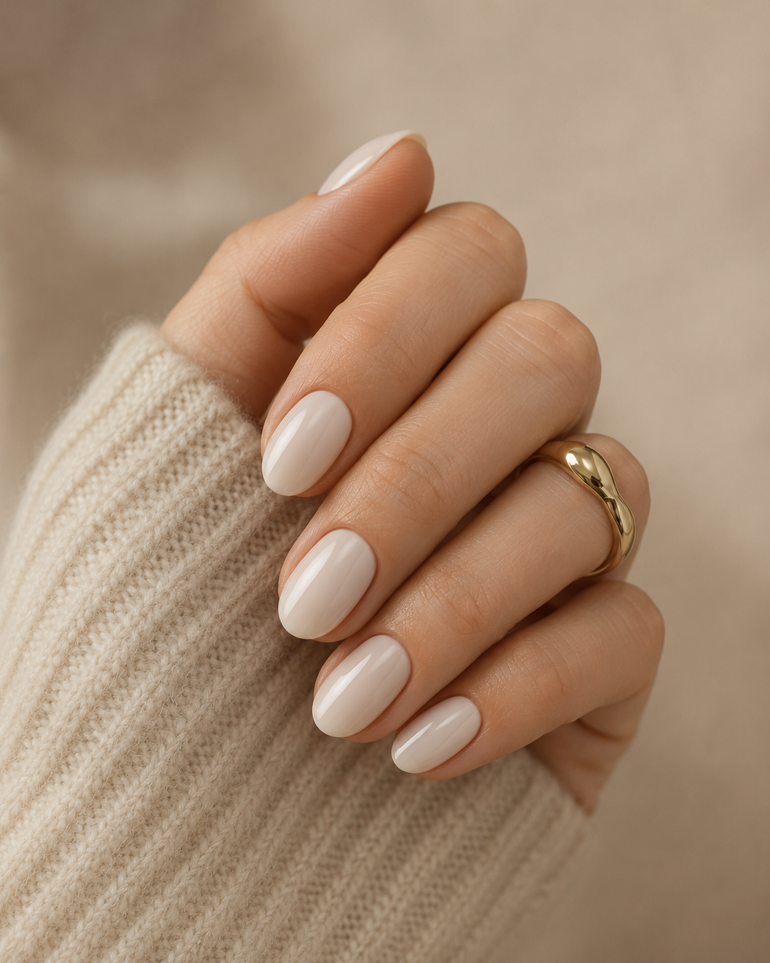 Cloud Dancer manicure paired with a delicate gold statement ring.