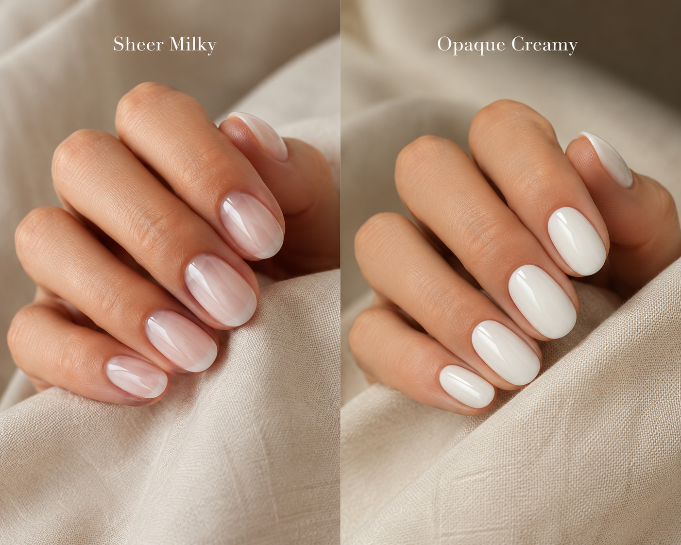 Sheer versus opaque Cloud Dancer nail polish finish comparison.