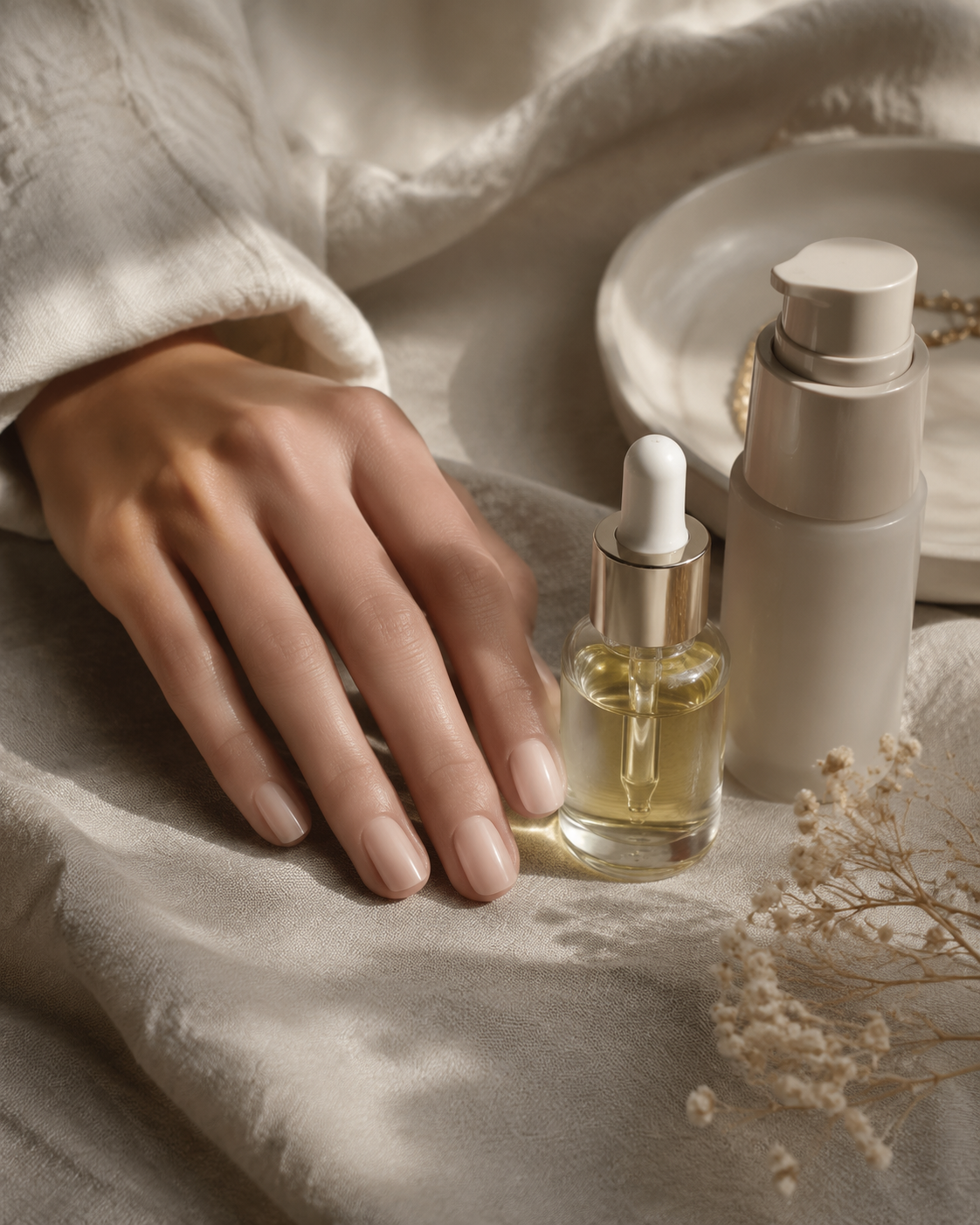 Cuticle oil and nail serum bottles side by side on a neutral countertop