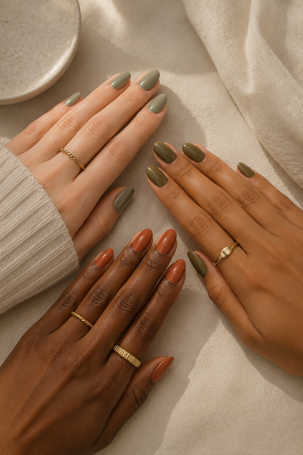 Earthy nail color options shown across different skin tones.