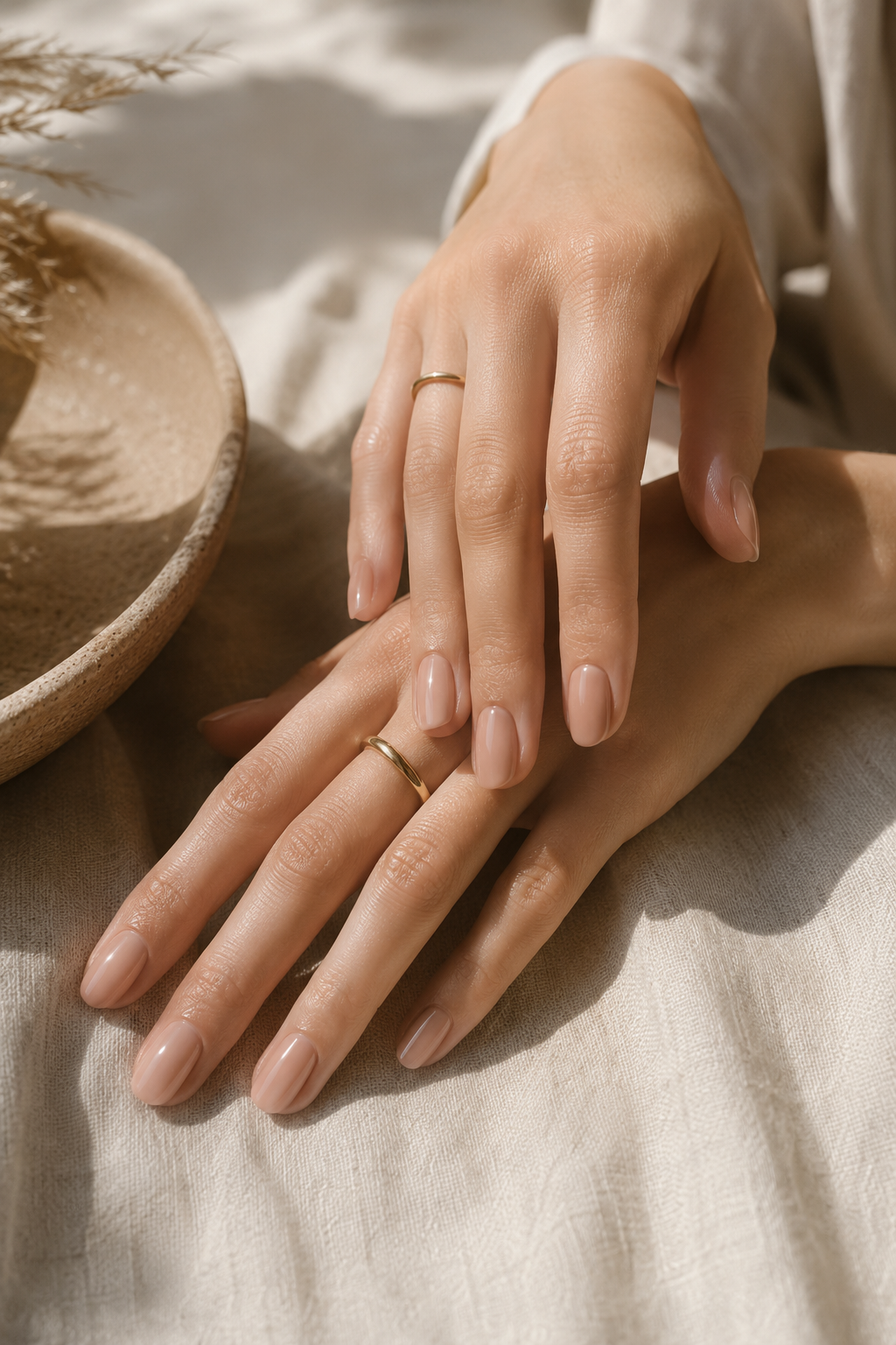 Elegant woman's hands with a glossy nude manicure resting on linen, reflecting healthy nail care after 35.