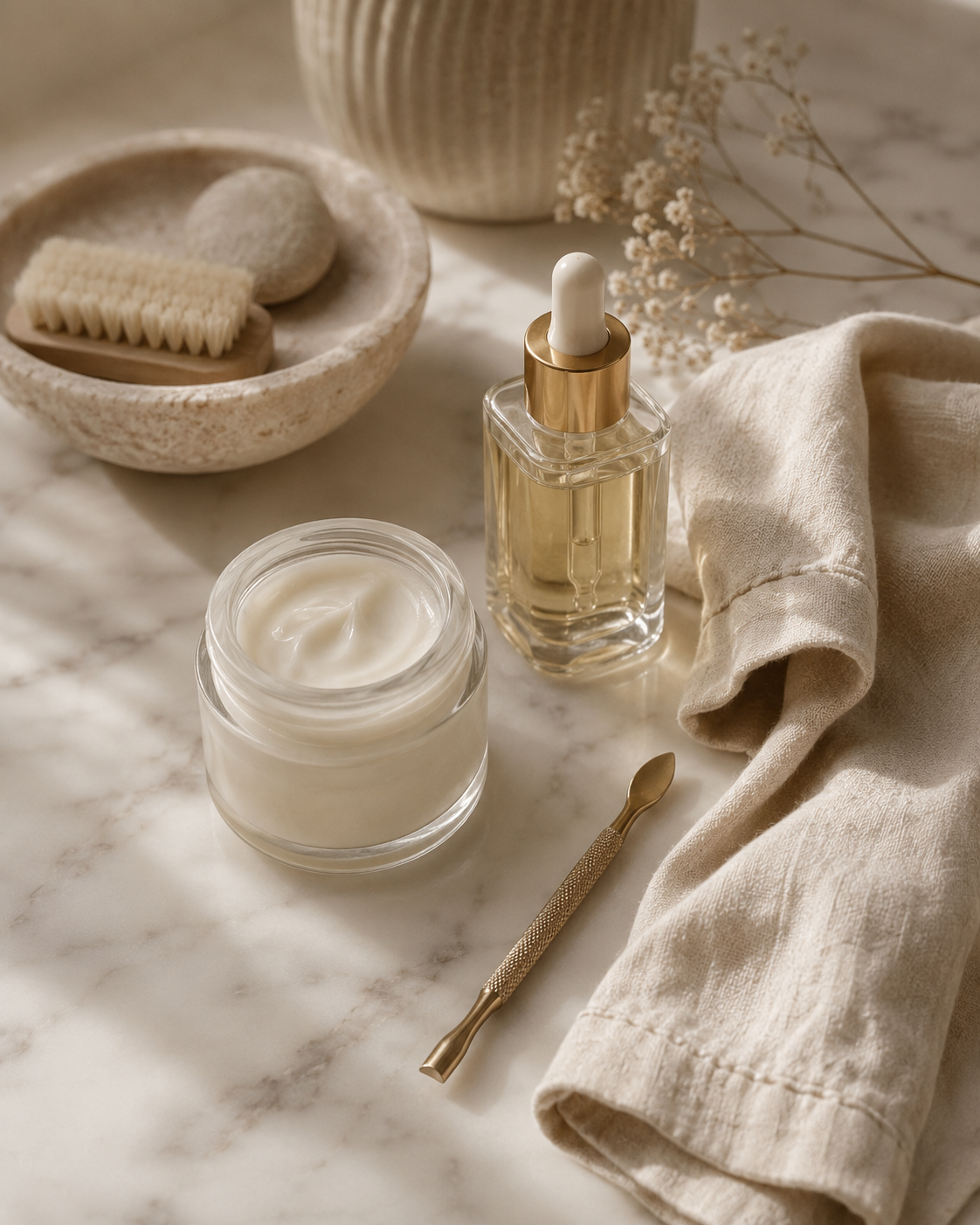 Elegant hand care essentials including cuticle oil and hand cream for supporting healthy nails.