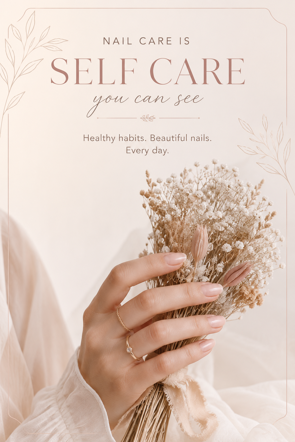 Elegant nails styled with dried flowers for a soft feminine nail care Pinterest pin