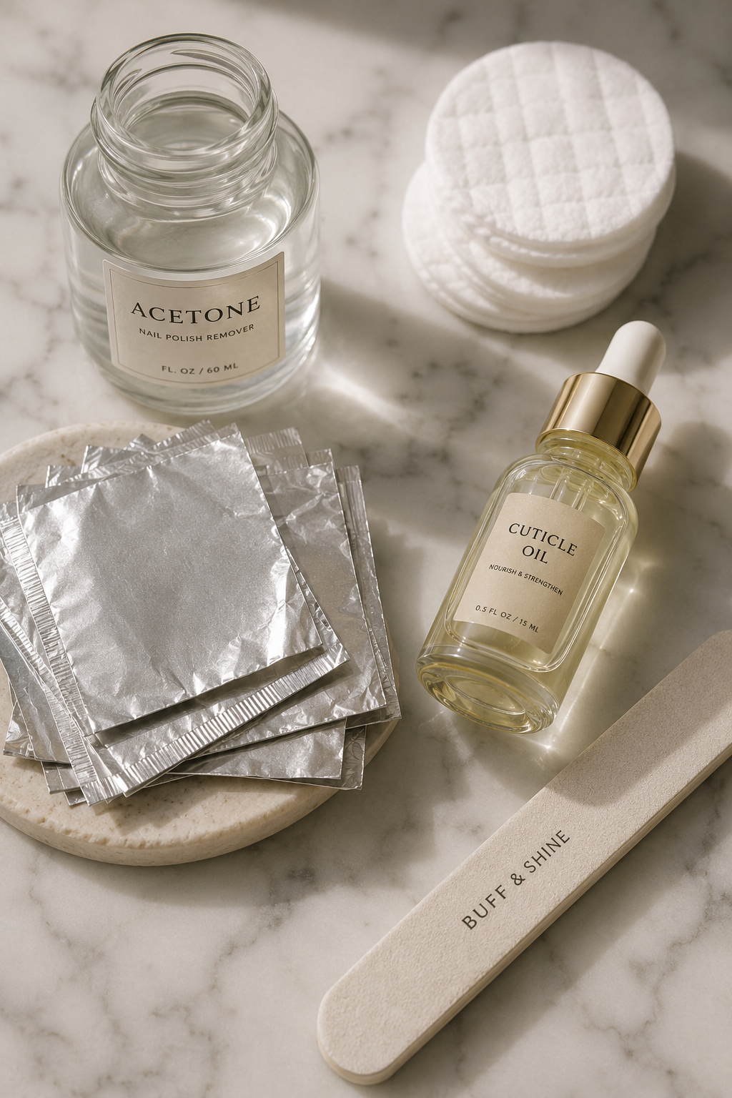 Gel nail removal essentials including acetone, foil wraps, and a nail buffer.