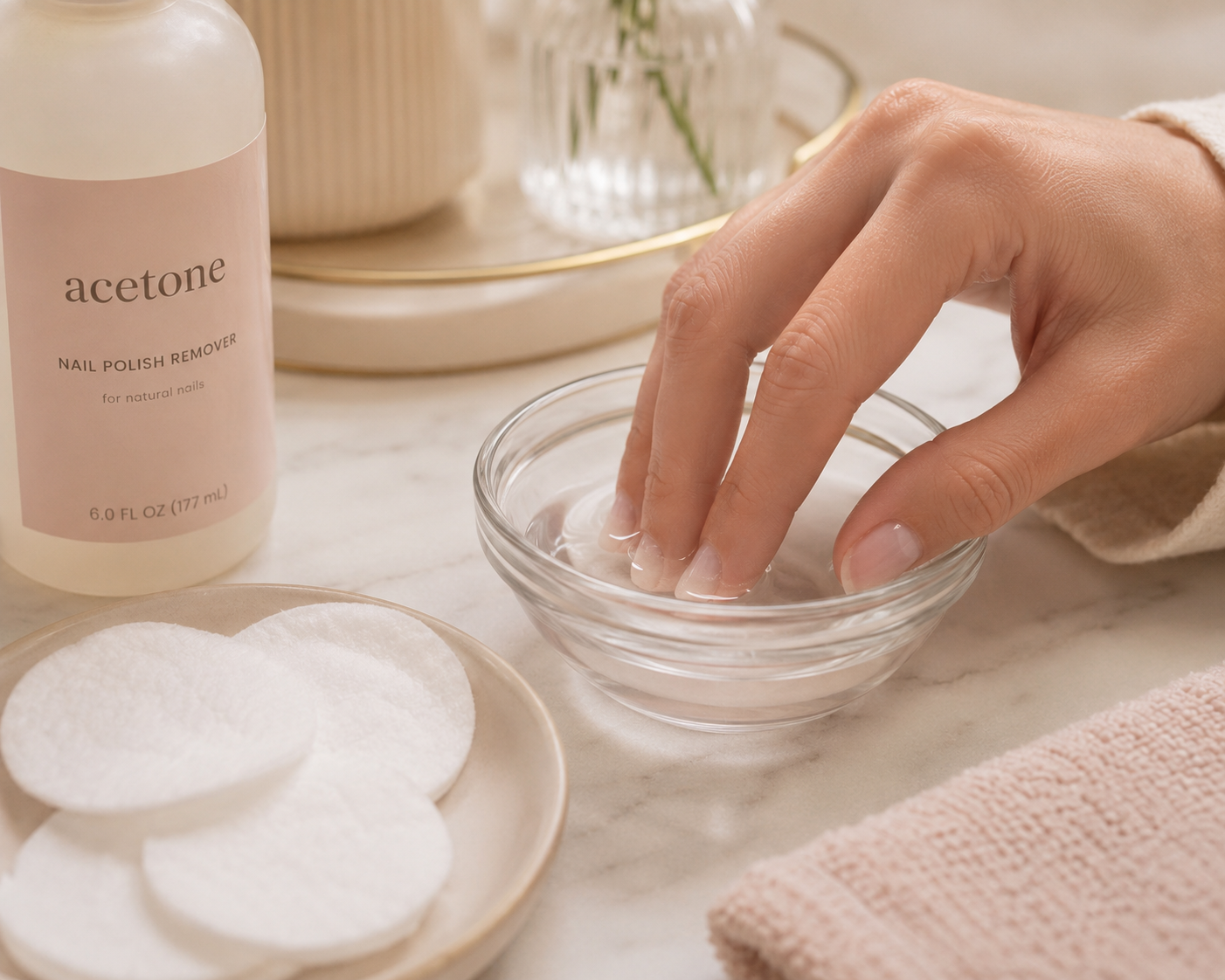 Gentle at-home nail removal process using acetone soak for a gel or dip manicure