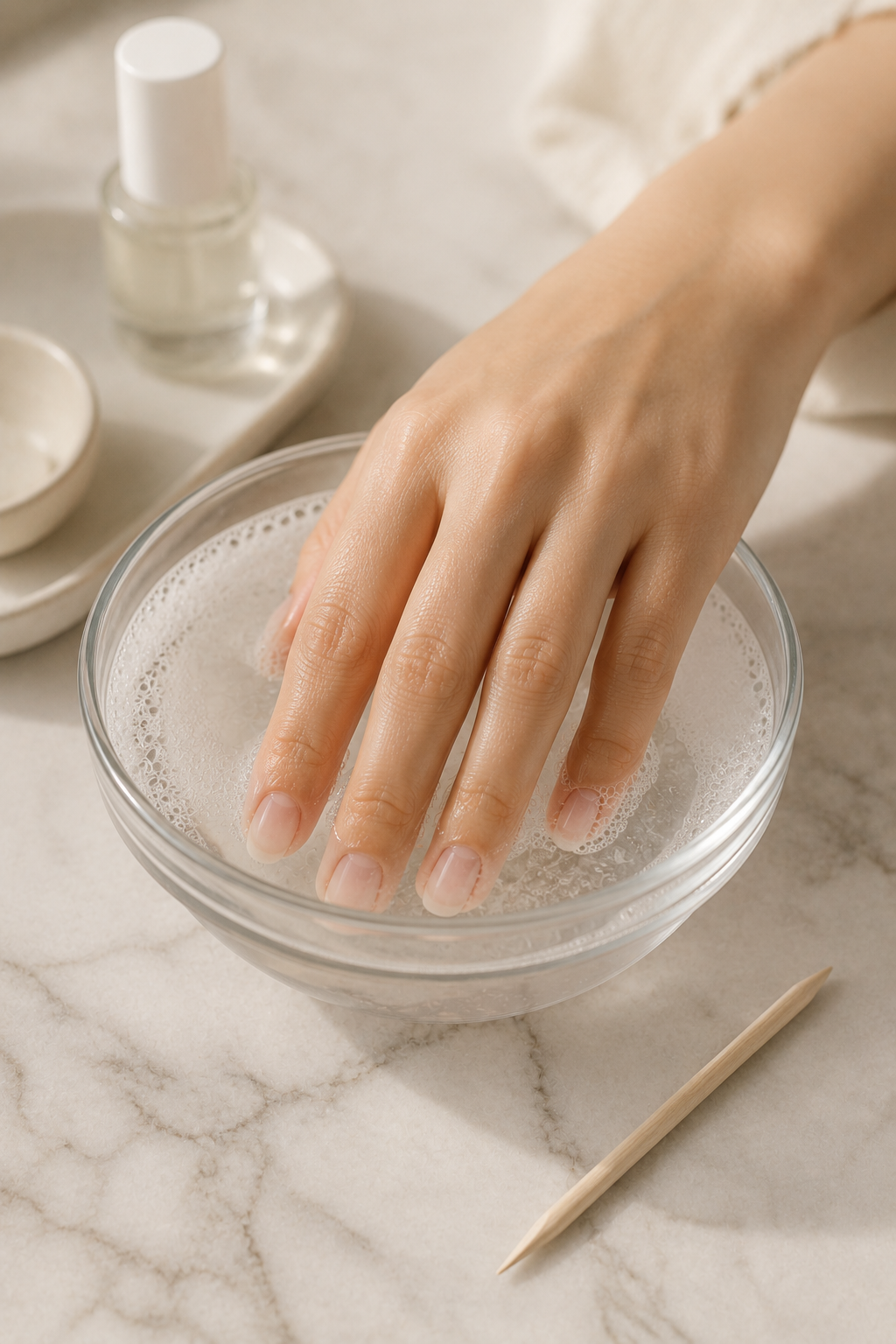 Gently soaking press-on nails in warm water before removal to protect the natural nail."

