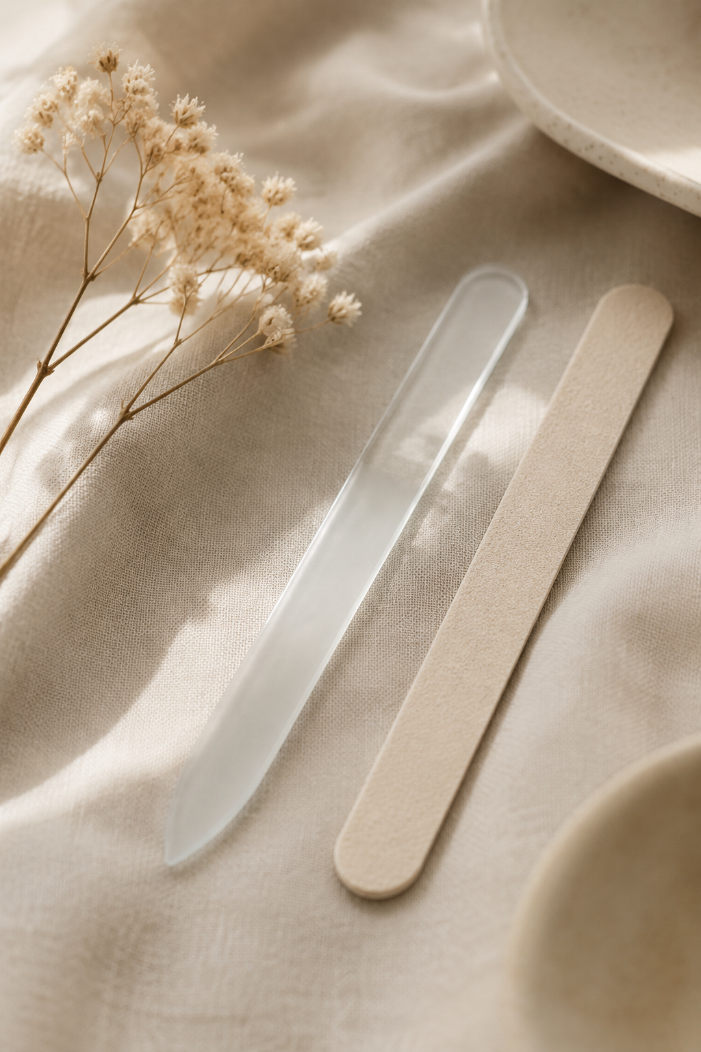 Glass nail file and regular emery board side by side on a neutral linen surface for a gentle nail care comparison.
