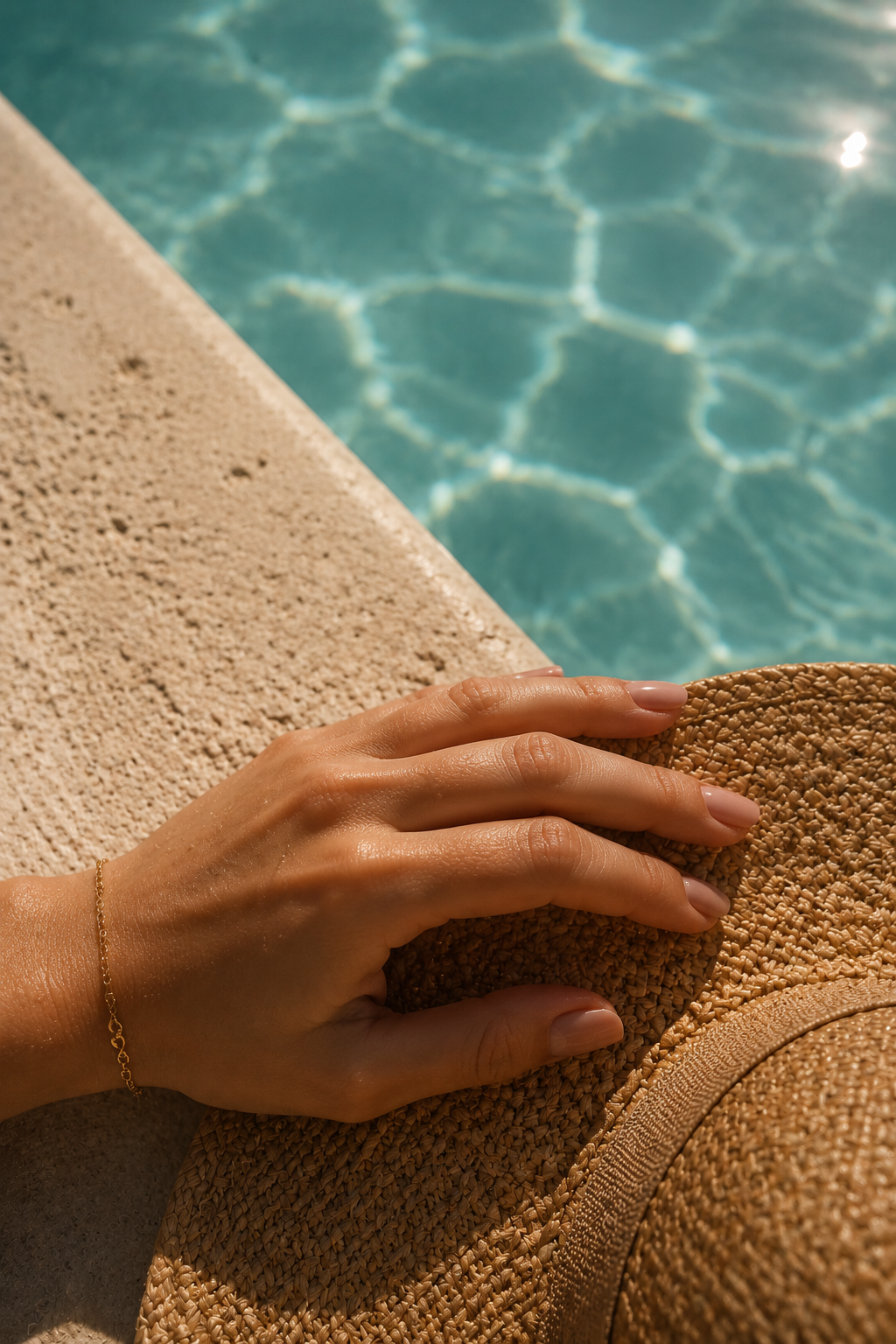 Glossy nude manicure by the pool, protected with SPF hand cream on vacation.
