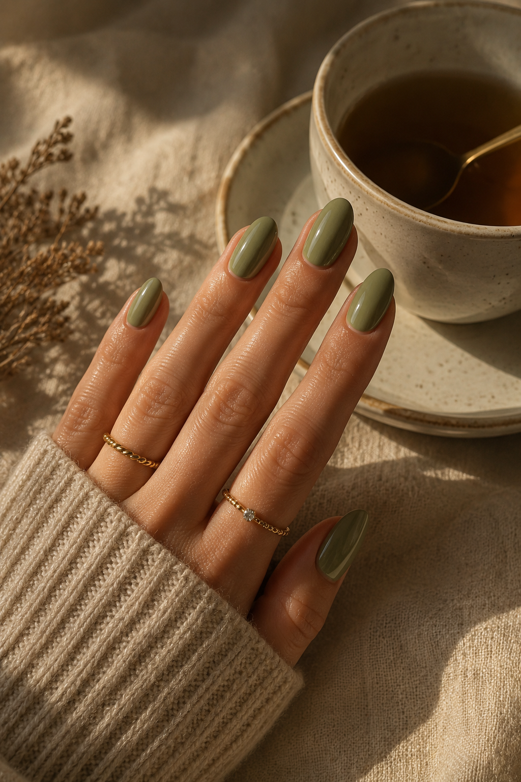 Glossy sage green nails styled with gold rings for everyday fall wear.