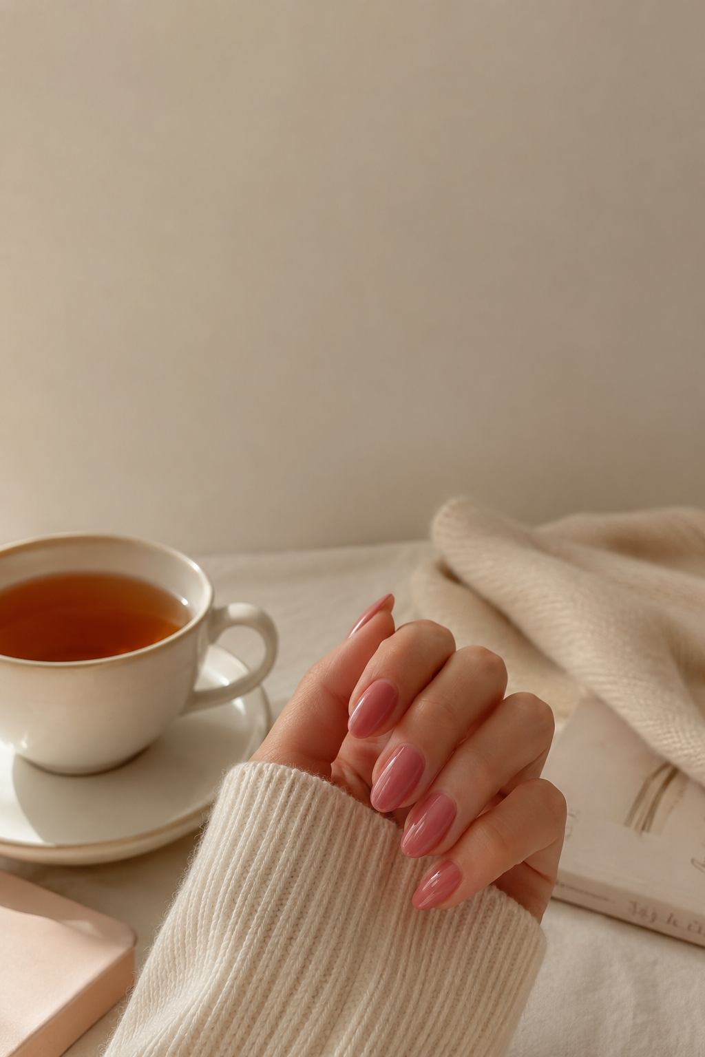Glossy soft rose manicure on an elegant hand, an example of the best nail color after 35.