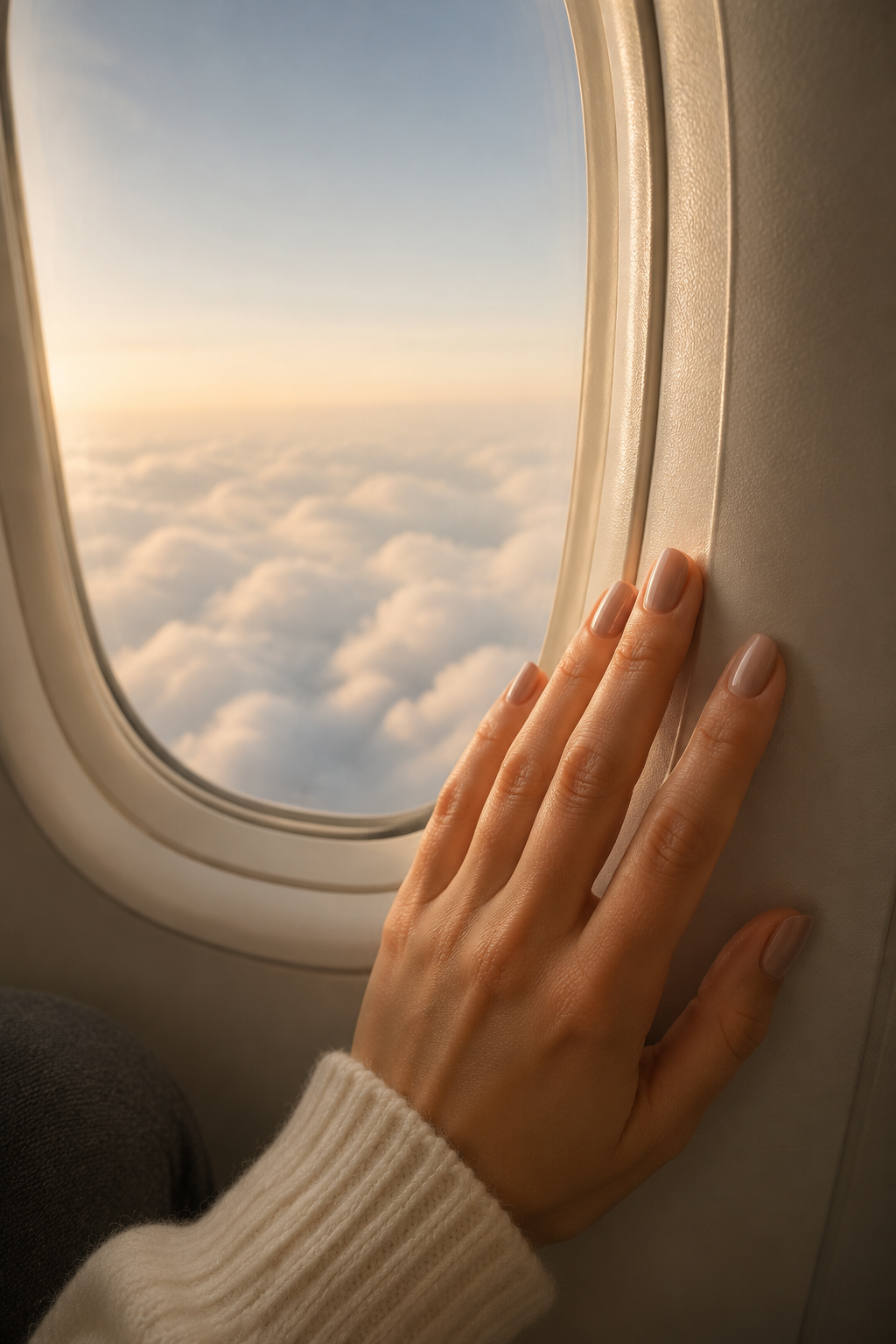 Hand with a neutral manicure resting against an airplane window during a flight.