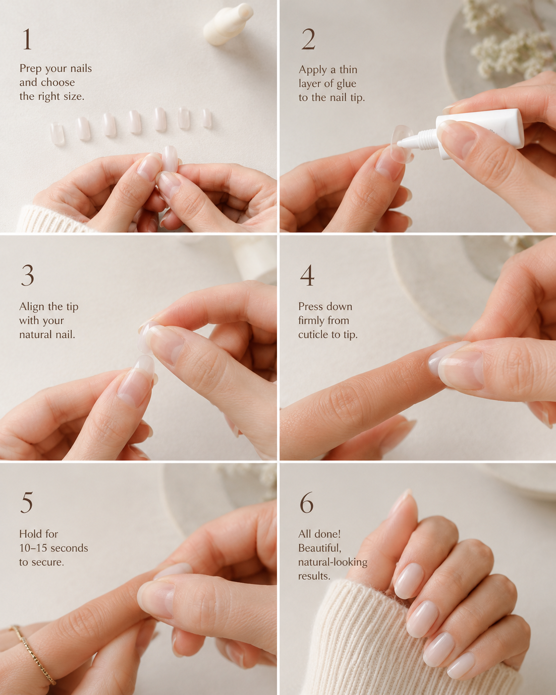 Step-by-step application of natural looking press-on nails for a salon-quality finish.