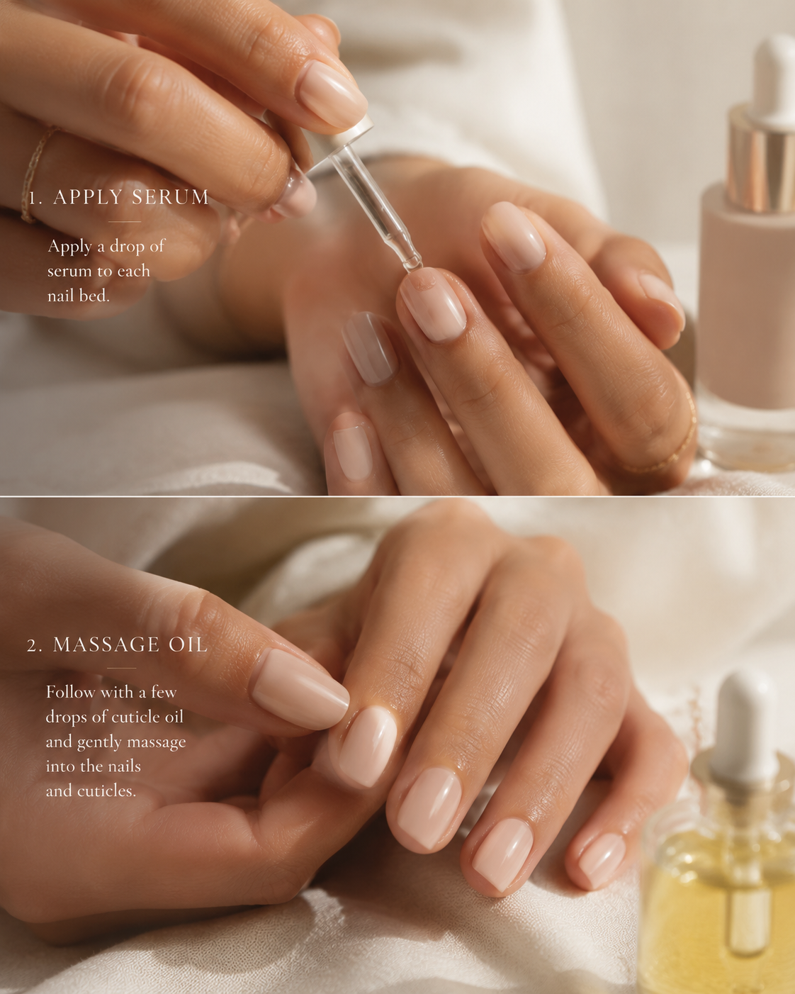 Layering nail serum and cuticle oil in an evening hand care routine