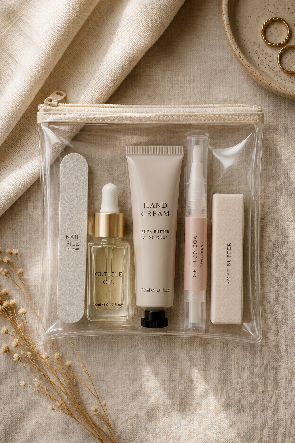Minimalist travel nail kit with cuticle oil, hand cream, and nail file in a clear pouch.