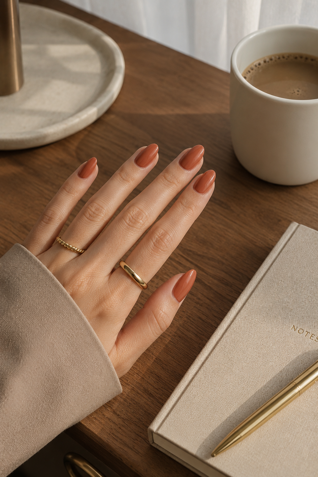 Muted terracotta nails styled for a polished, office-appropriate fall look.