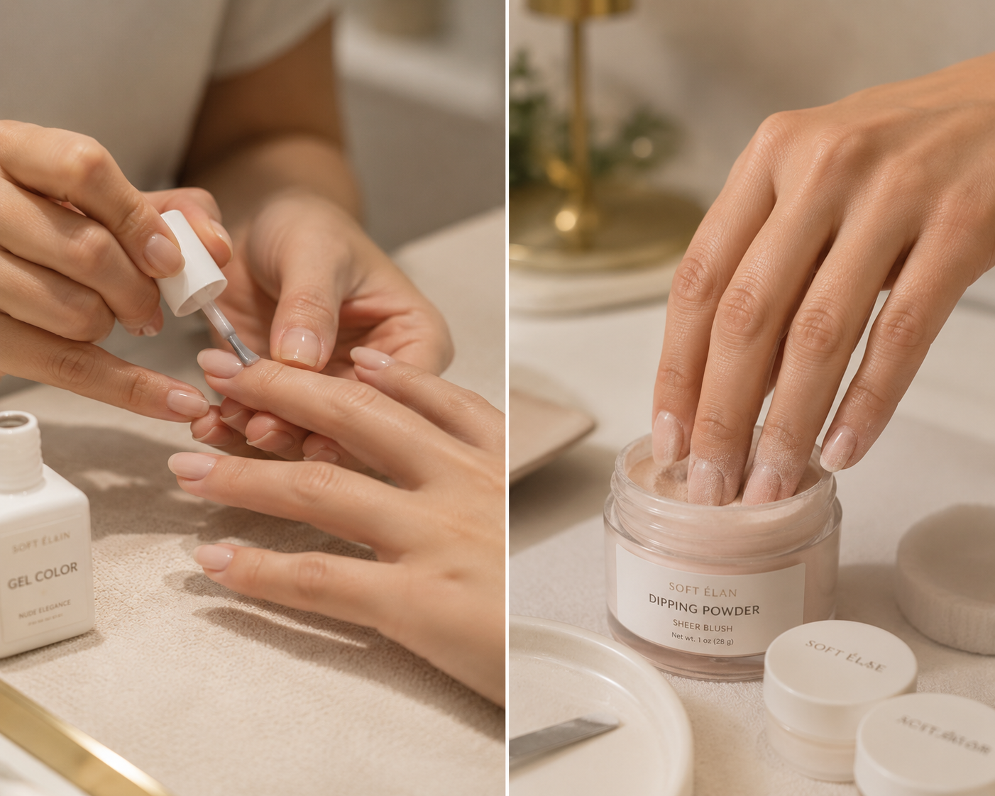 Nail technician applying gel polish and dip powder side by side during a manicure.