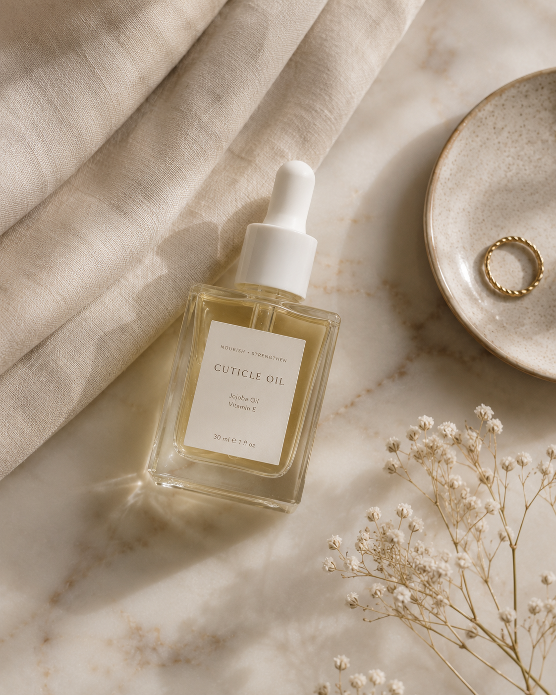 Nourishing cuticle oil bottle styled for a nightly nail care ritual