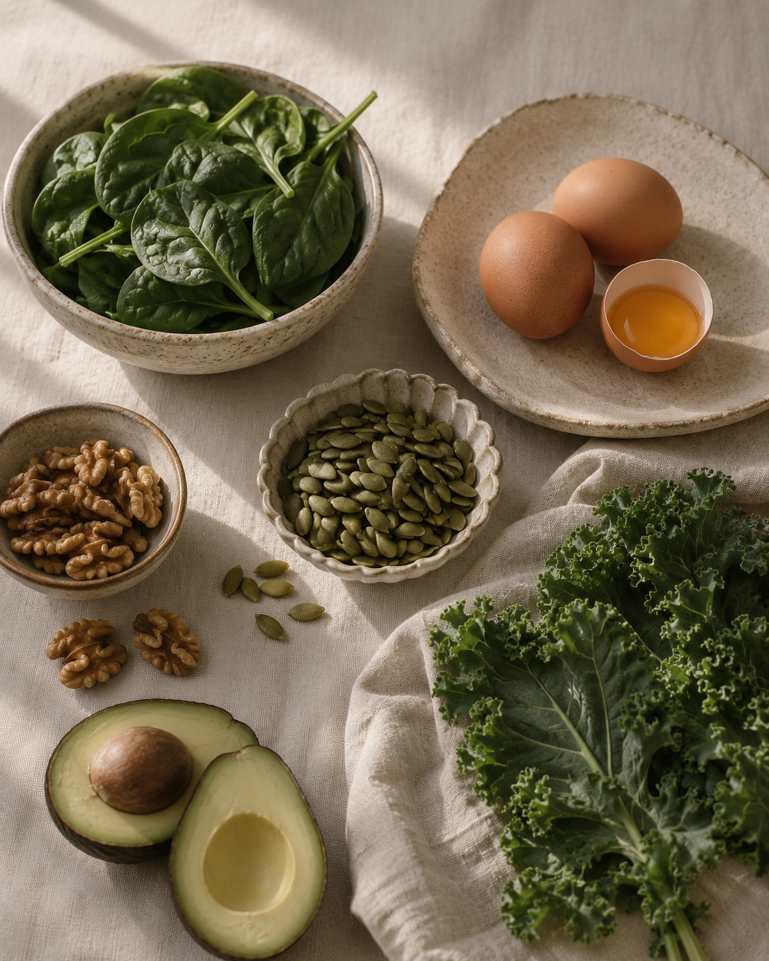 Nutrient-rich foods that support healthy nails, including leafy greens and pumpkin seeds.