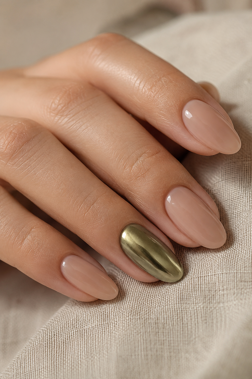 Olive chrome accent nail paired with a soft nude manicure