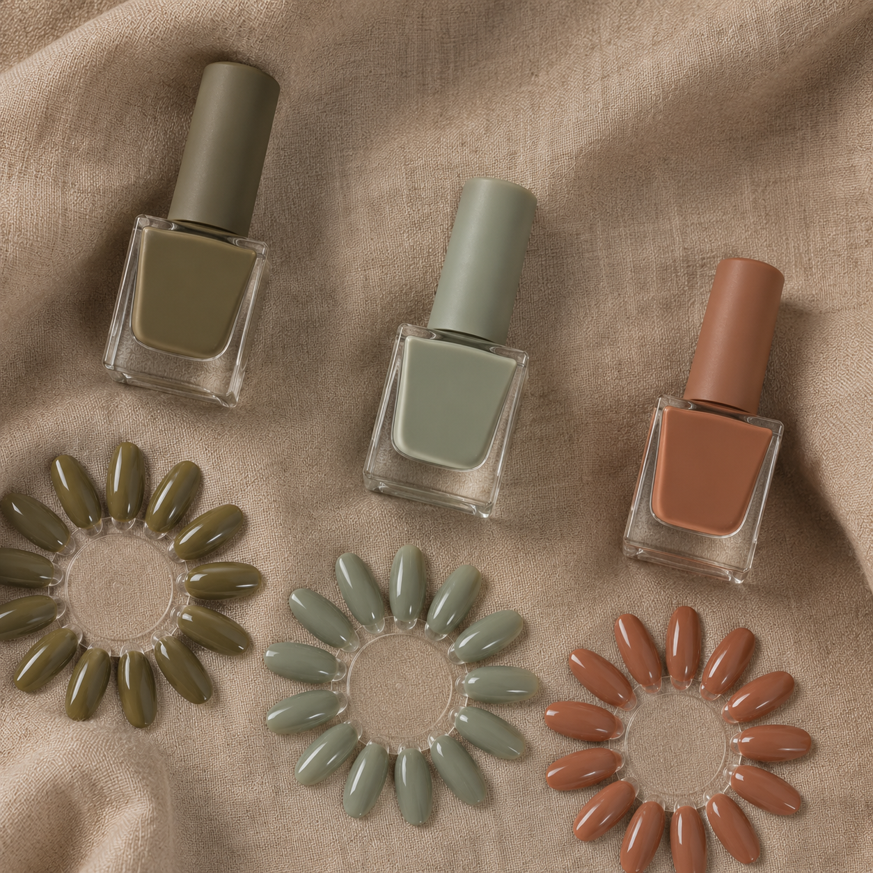 Olive, sage, and terracotta nail polish swatches compared side by side