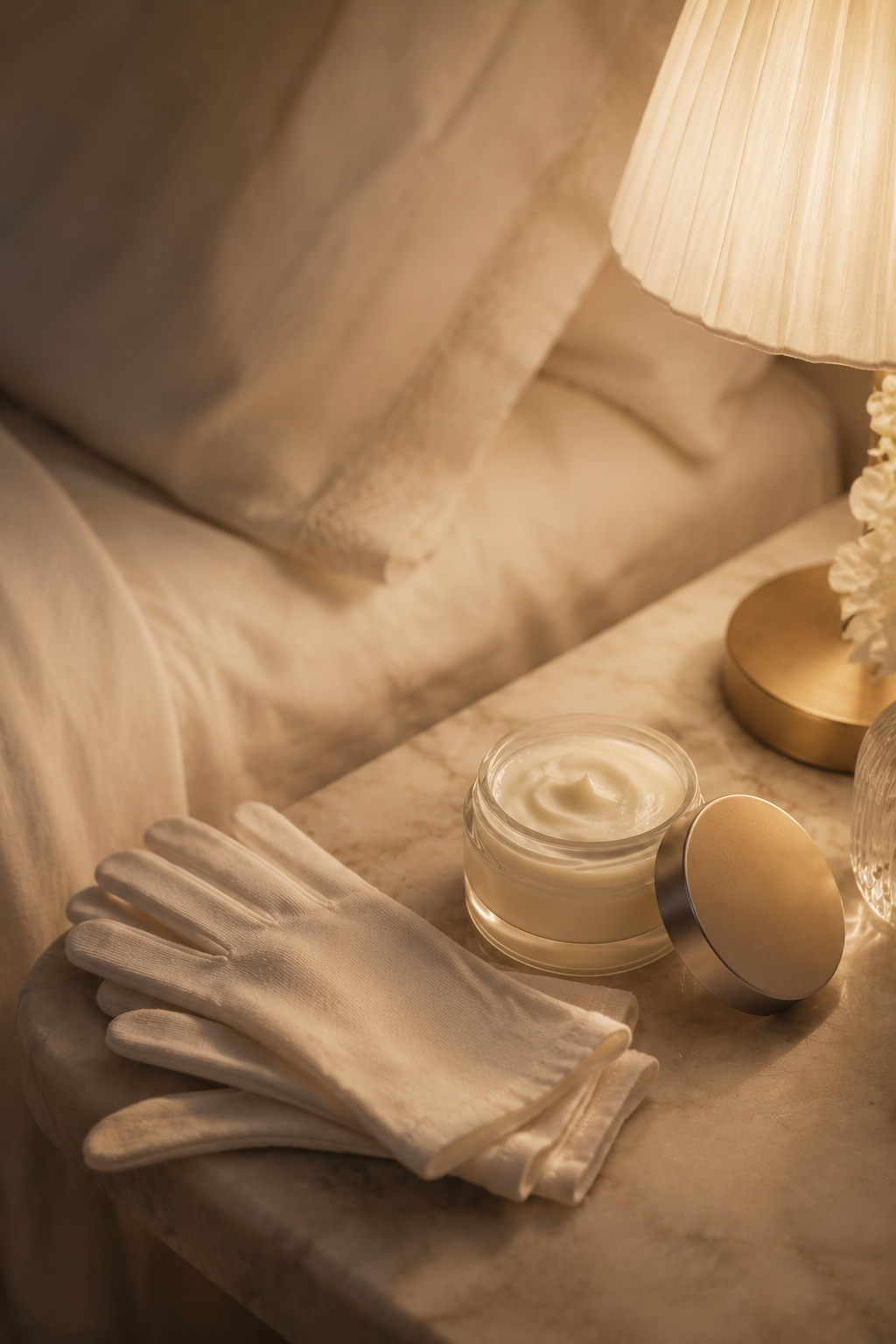 Overnight hand mask and cotton gloves for a hydrating bridal hand care ritual.