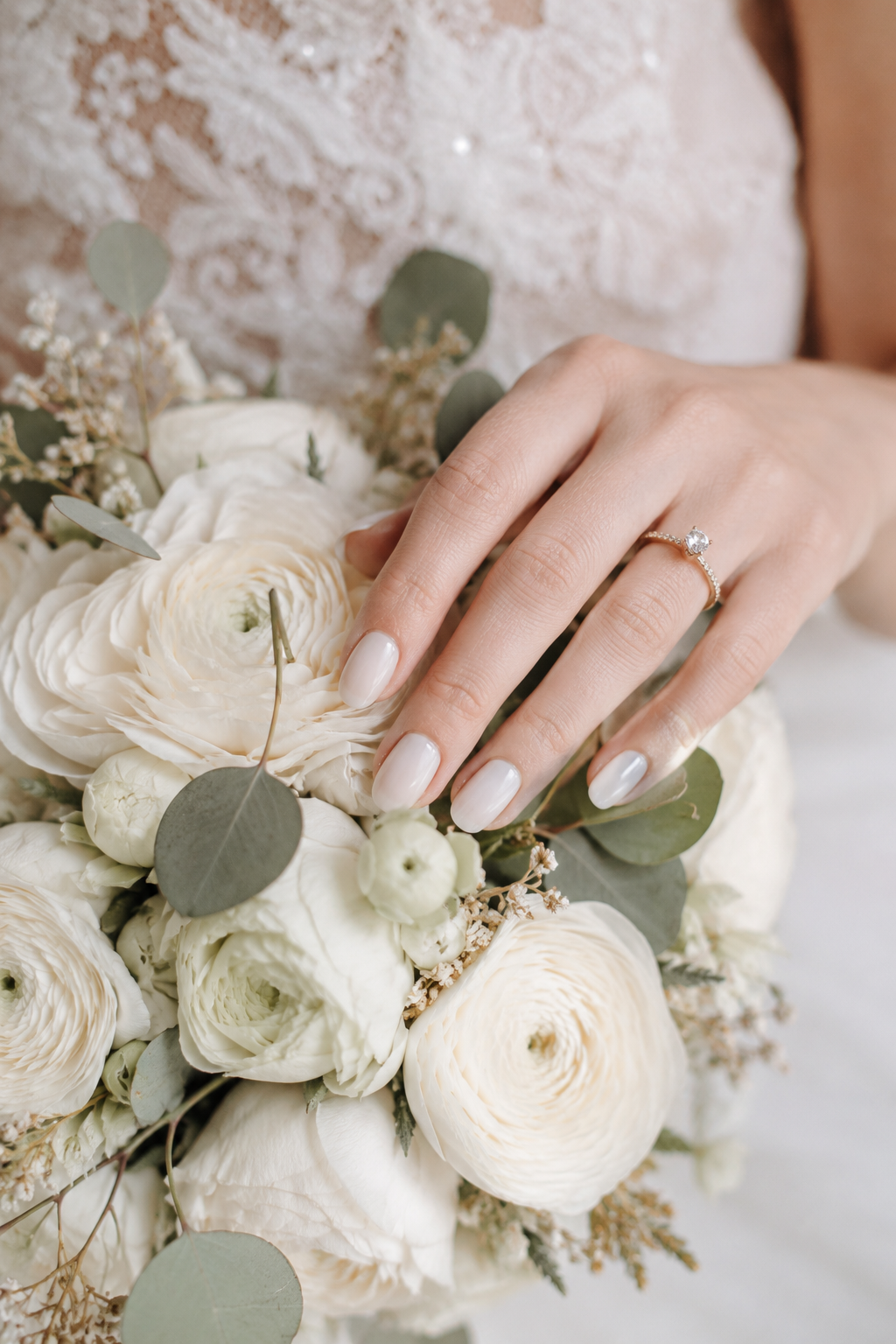 Press-on nails for a wedding in a polished ivory finish paired with a bridal bouquet.
