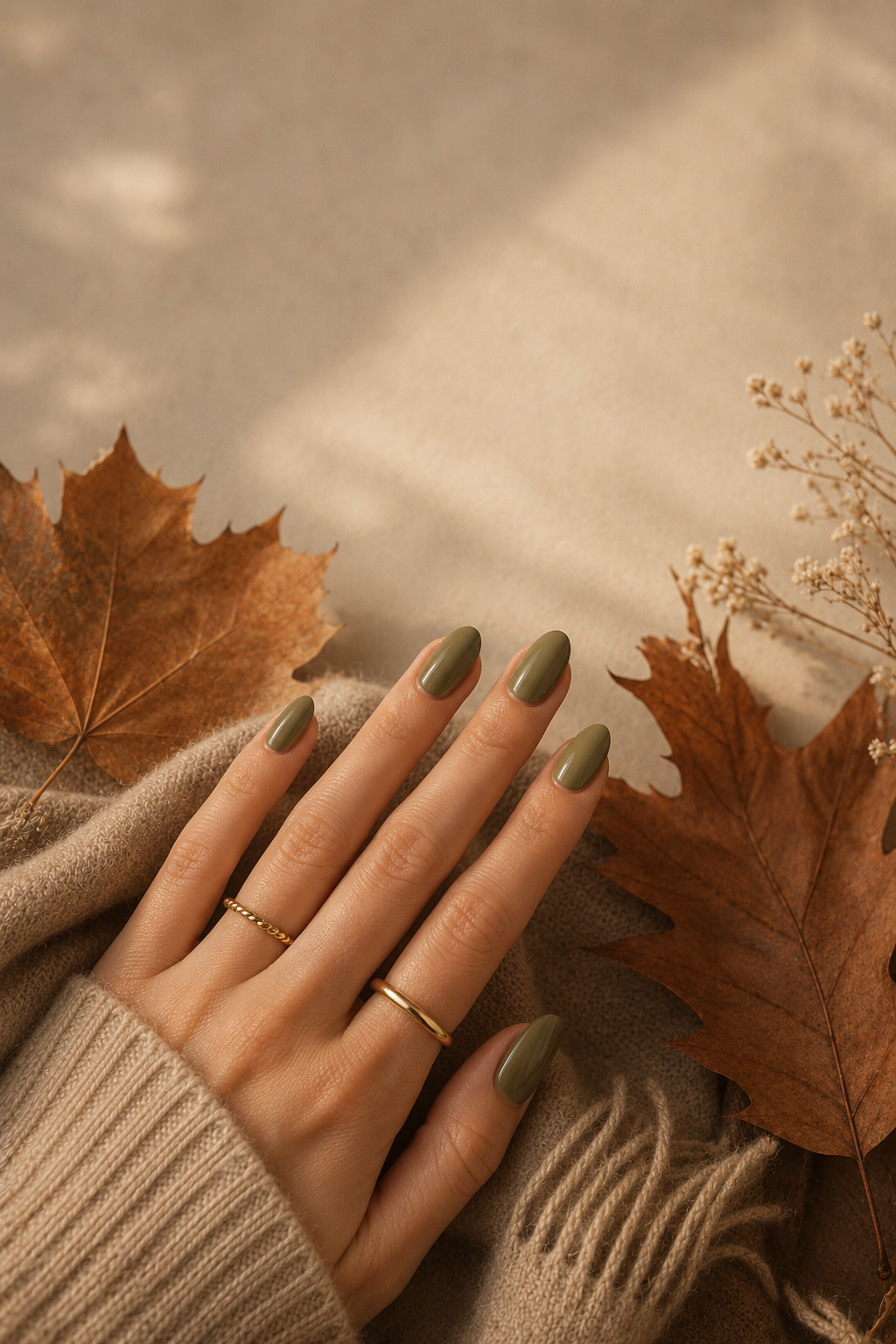 Quiet luxury fall manicure in muted olive, styled for Pinterest.