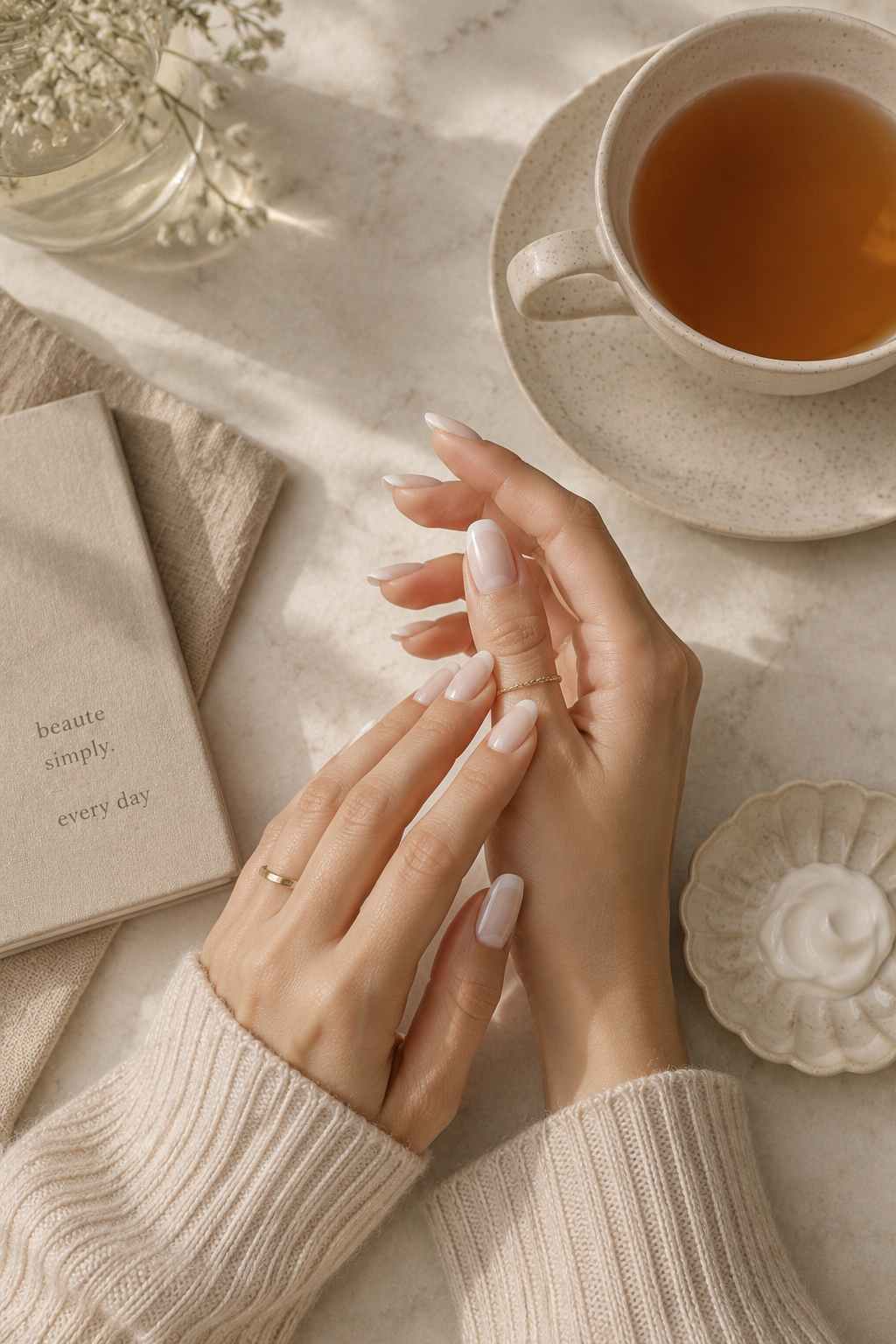 Reusable press-on nails styled alongside hand cream for a polished, low-maintenance manicure.