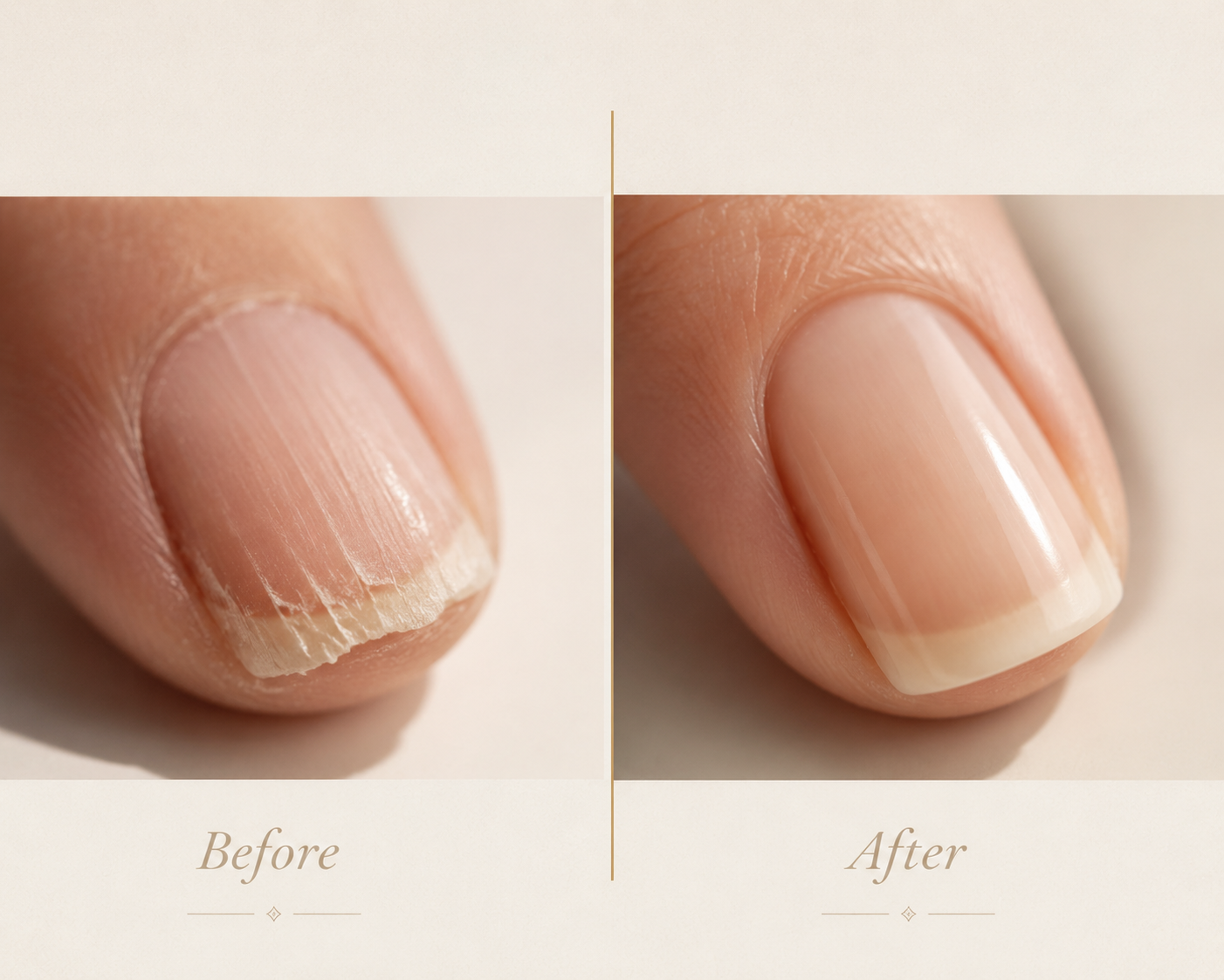Side-by-side comparison of brittle, peeling nails next to smooth, healthy nails.
