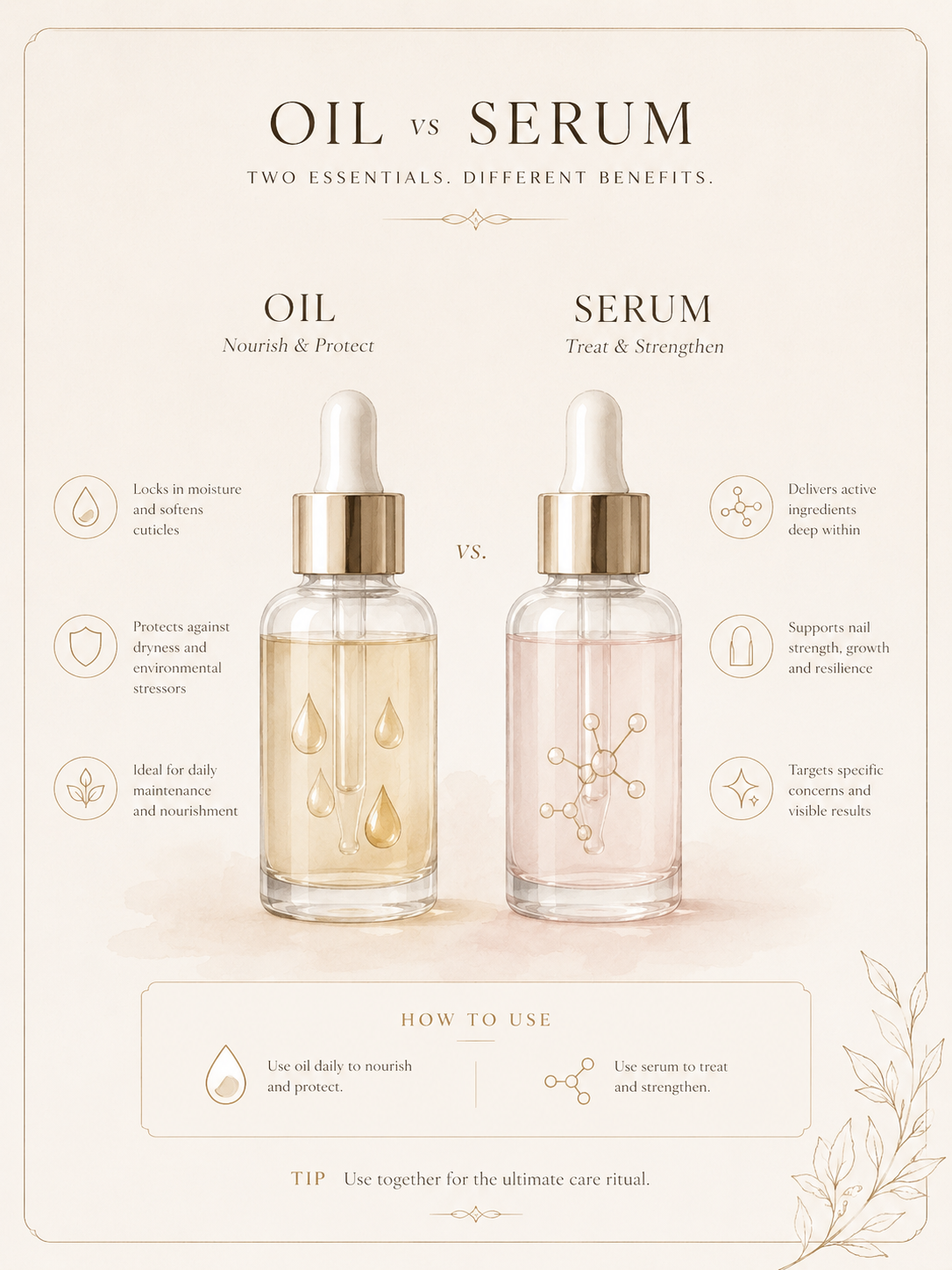 Simple illustration comparing cuticle oil ingredients and nail serum active ingredients