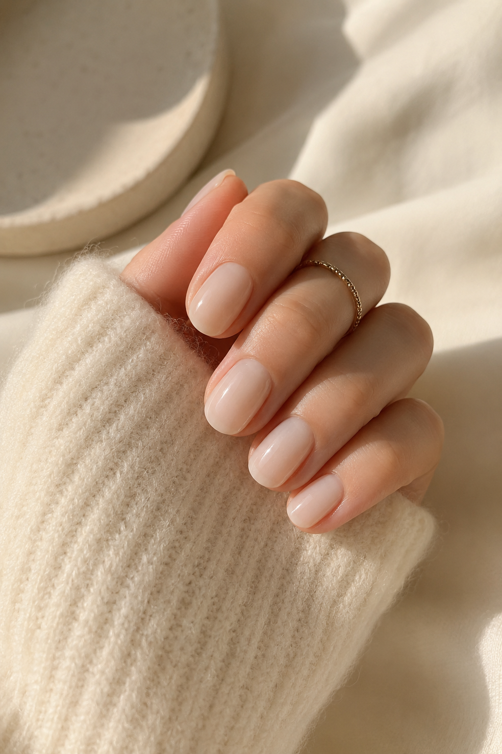 Soft pink milky press-on nails styled for an everyday quiet luxury look.