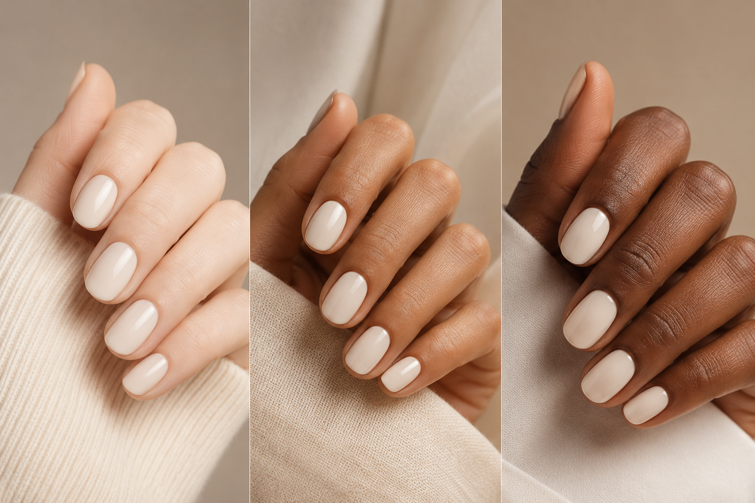 Warm off-white Cloud Dancer nail polish shown on different skin tones.