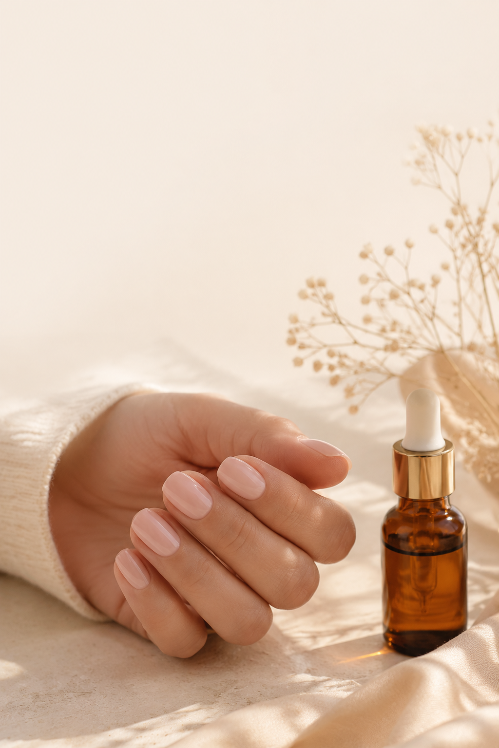 Elegant hand with a glossy nude manicure beside a nail treatment bottle, quiet luxury nail care aesthetic.
