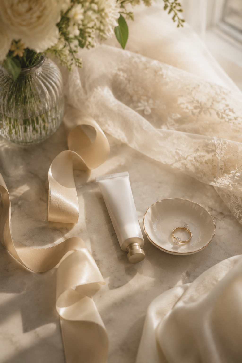 Wedding morning hand care essentials including travel hand cream and ring dish.