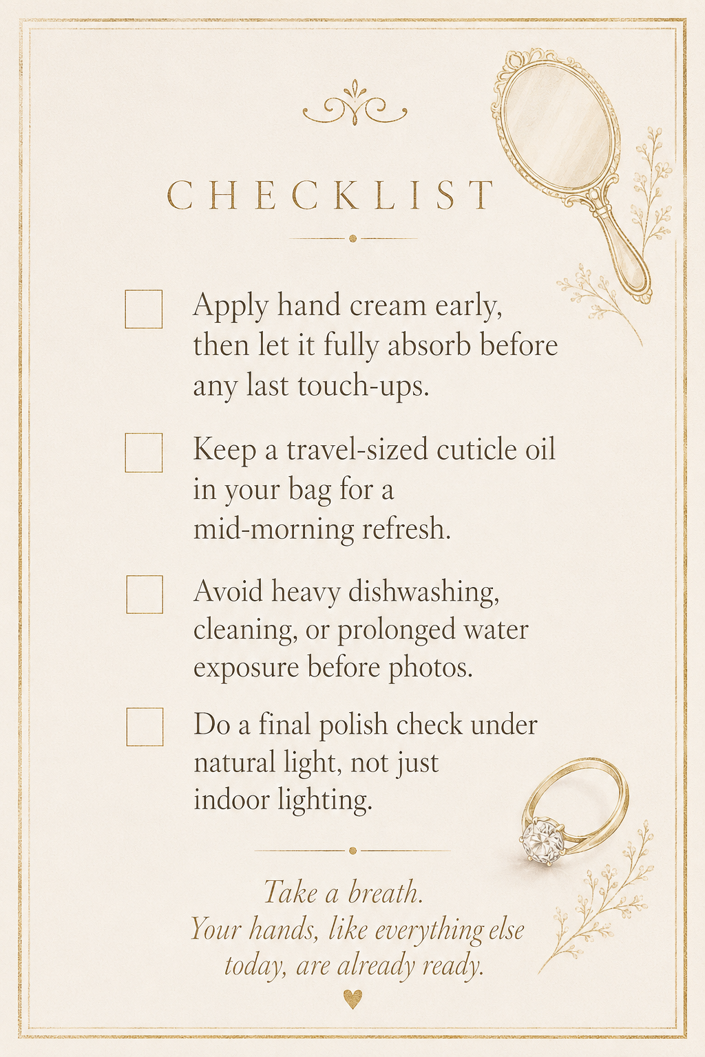 Wedding morning nail care checklist for brides on their wedding day.