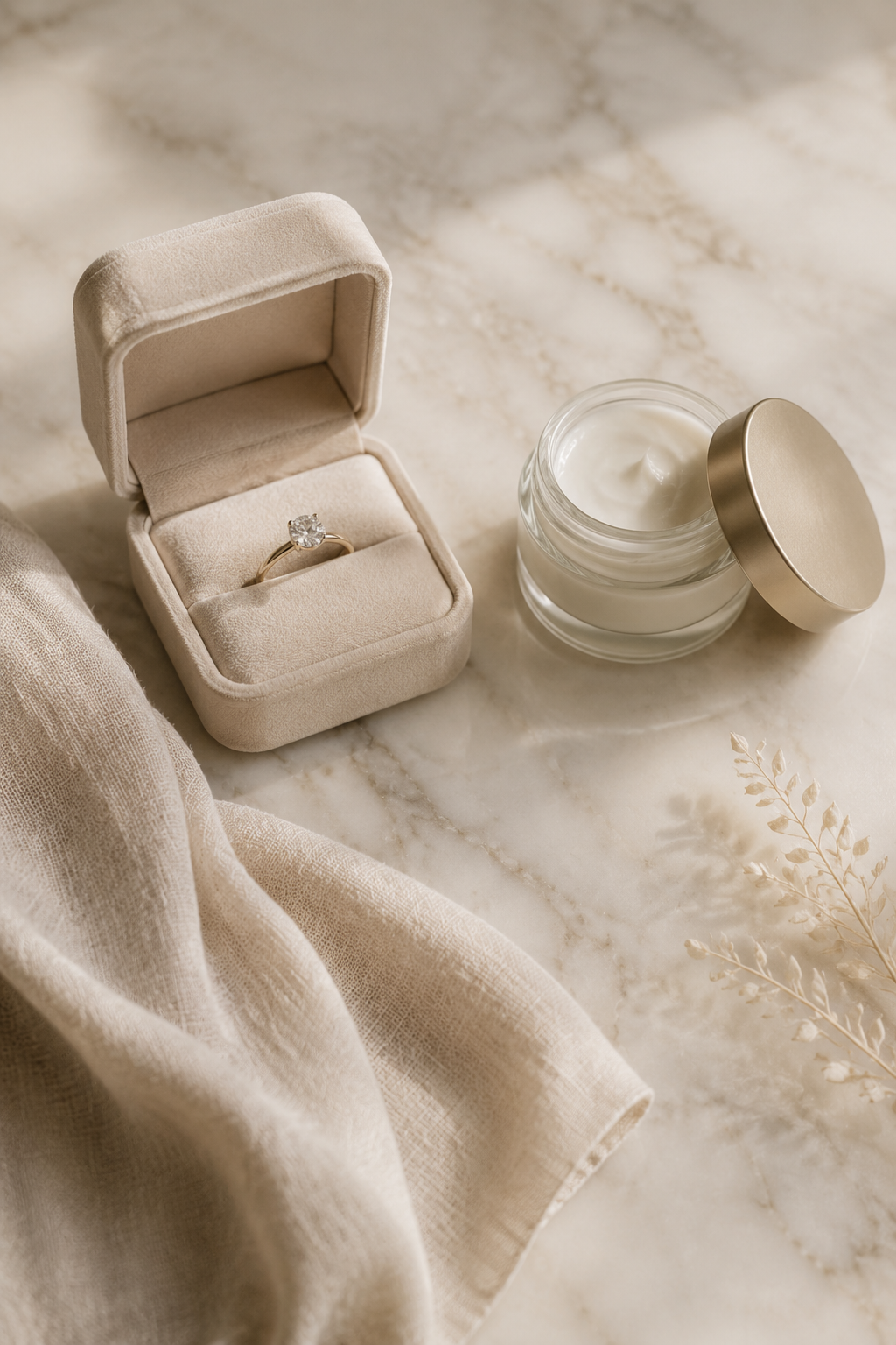 Wedding ring and hand cream flat lay representing bridal hand care preparation."