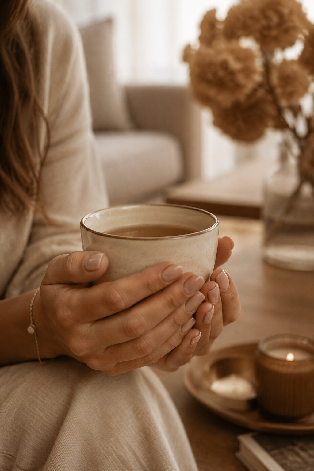 Woman's healthy, strengthened nails shown in a cozy, soft-focus lifestyle setting.