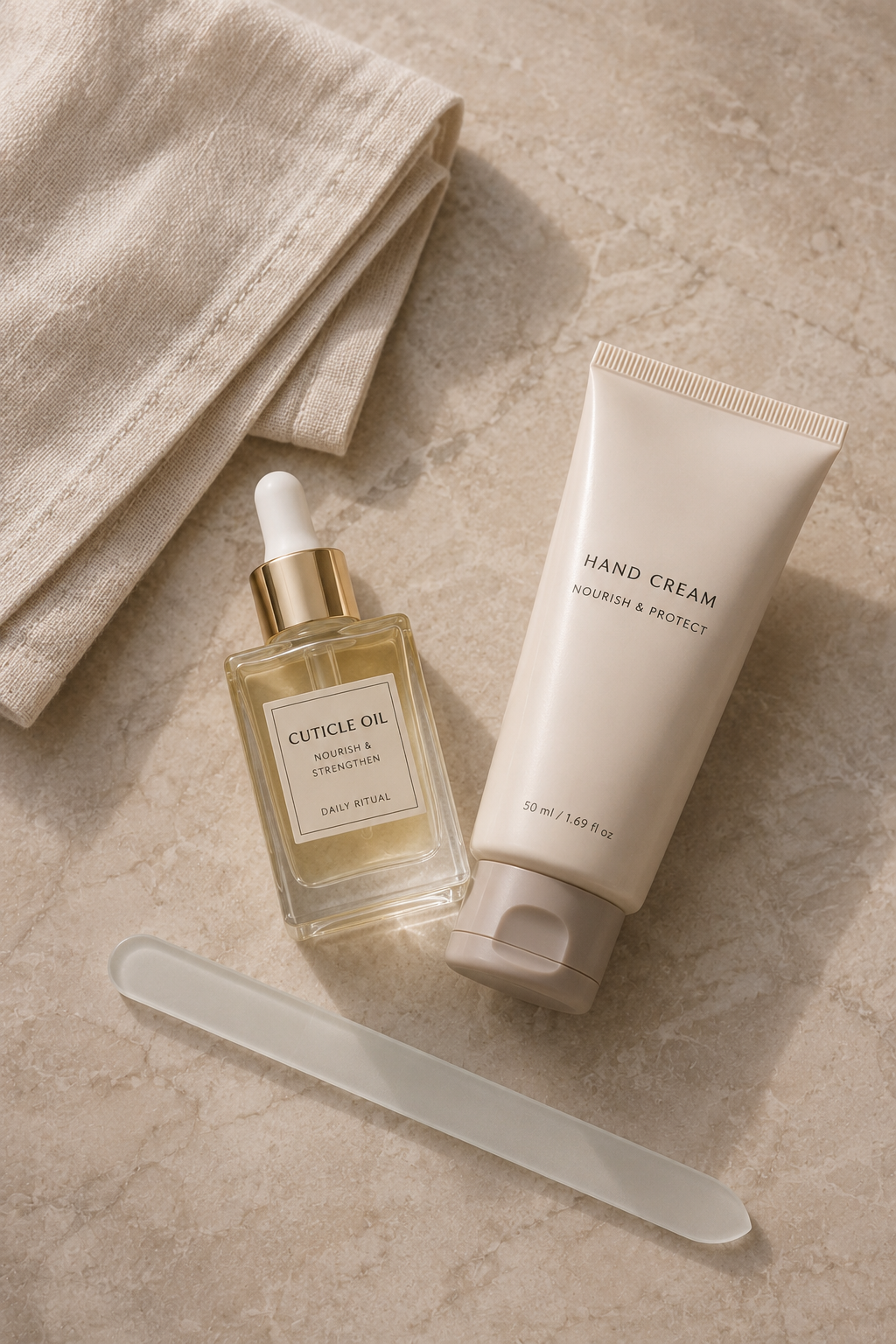 Flat-lay of a nail care routine for mature hands, including cuticle oil, hand cream, and a glass nail file.