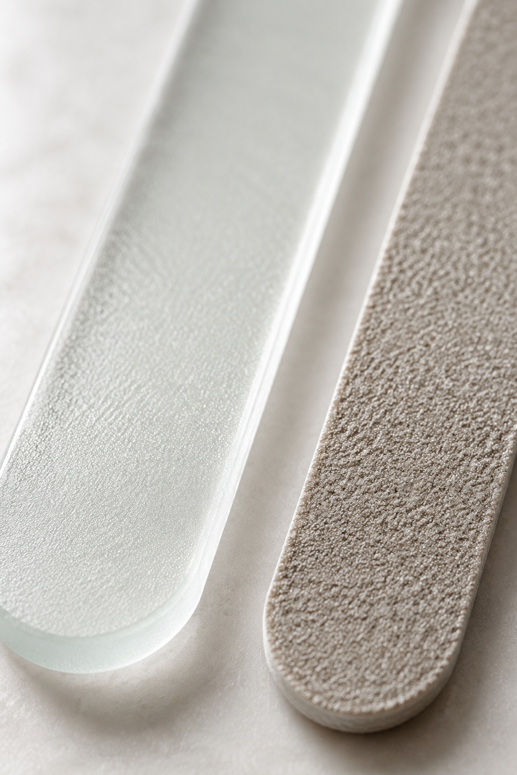 Macro comparison of a smooth glass file texture next to a coarser regular file texture.